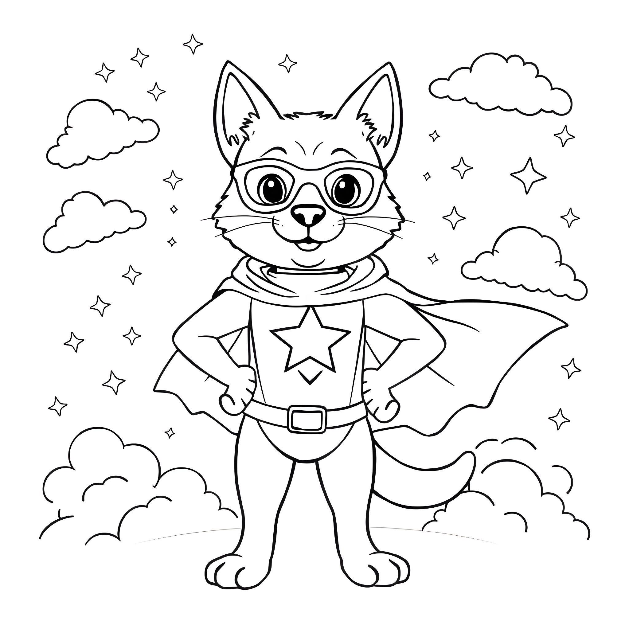 Catdog superhero in the starry night sky Coloring Page (free black-and-white line drawing printable PDF for all, from beginners to advanced learners, including children, teens, adults, and seniors)