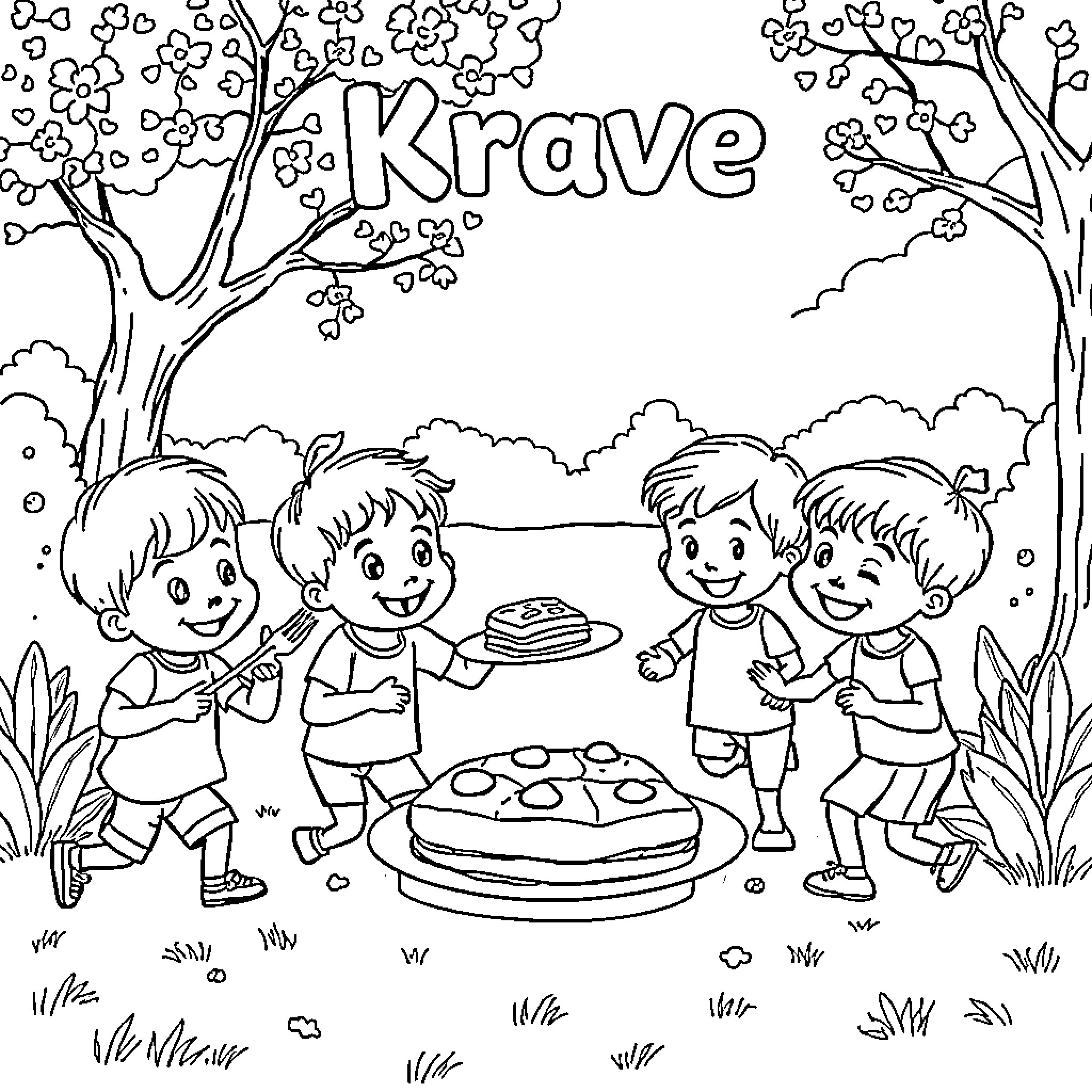 Kids Enjoying a Picnic Outdoors Coloring Page (free black-and-white line drawing printable PDF for all, from beginners to advanced learners, including children, teens, adults, and seniors)