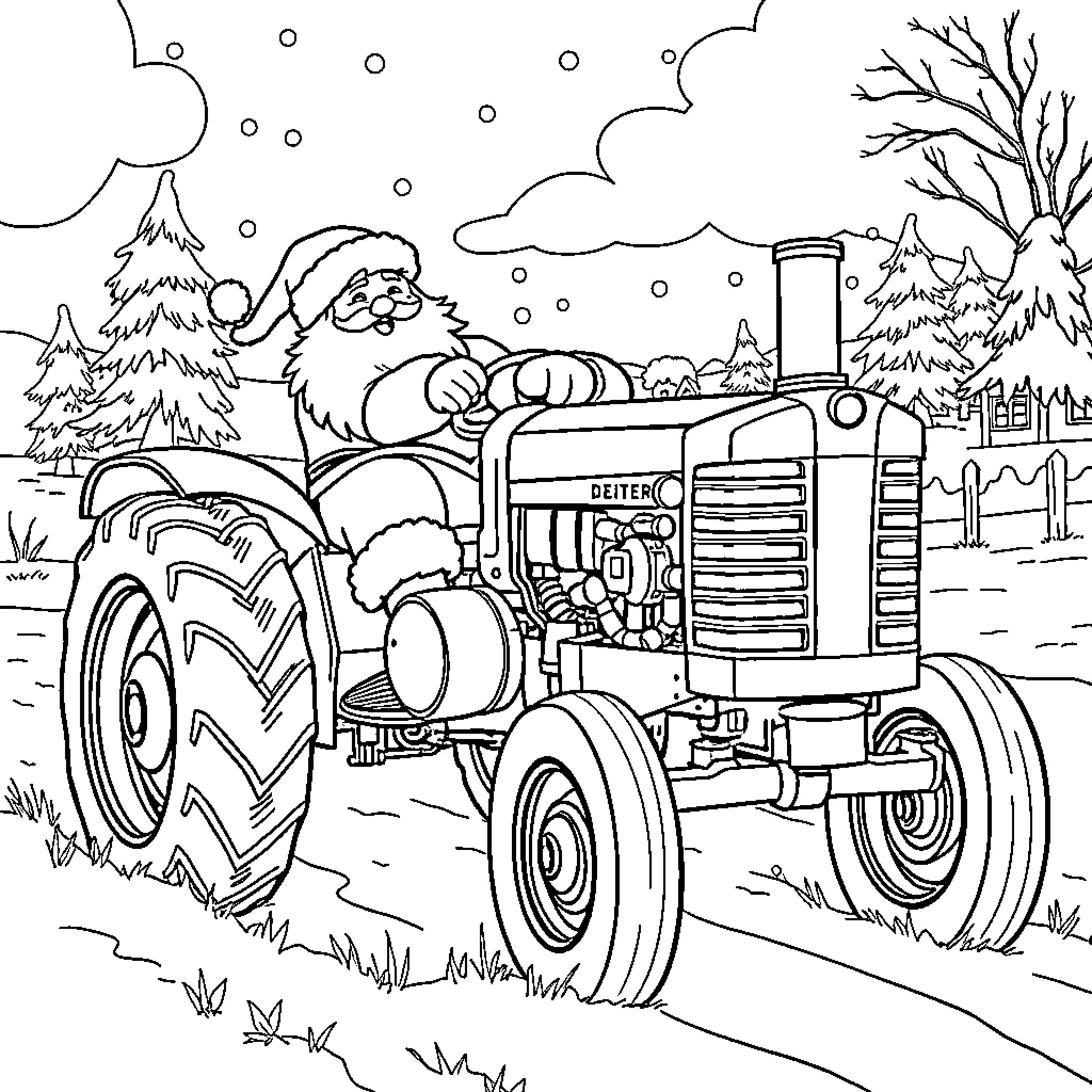 Santa driving a tractor in a winter wonderland Coloring Page (free black-and-white line drawing printable PDF for all, from beginners to advanced learners, including children, teens, adults, and seniors)