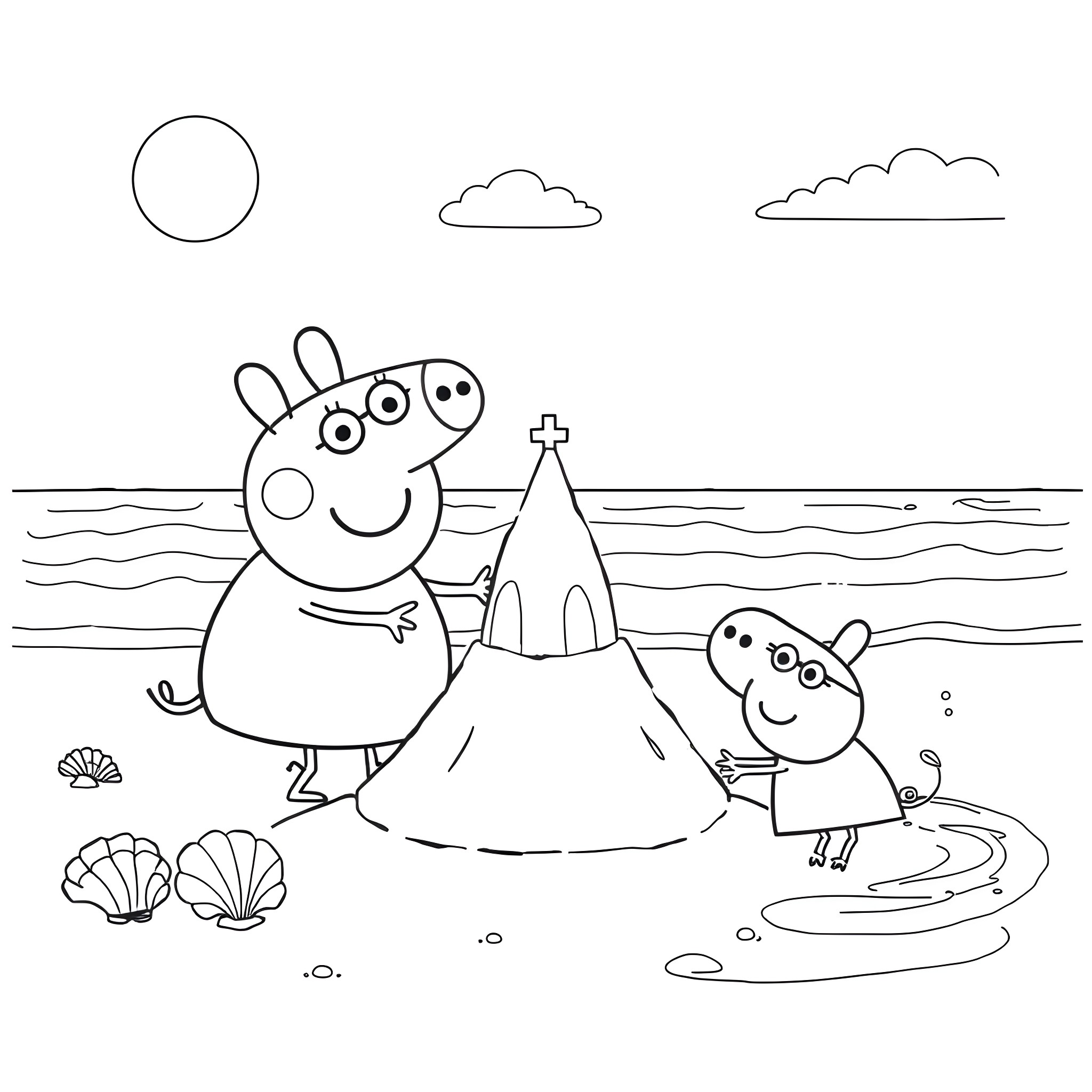 Peppa Pig playing at the beach with friends Coloring Page (free black-and-white line drawing printable PDF for all, from beginners to advanced learners, including children, teens, adults, and seniors)