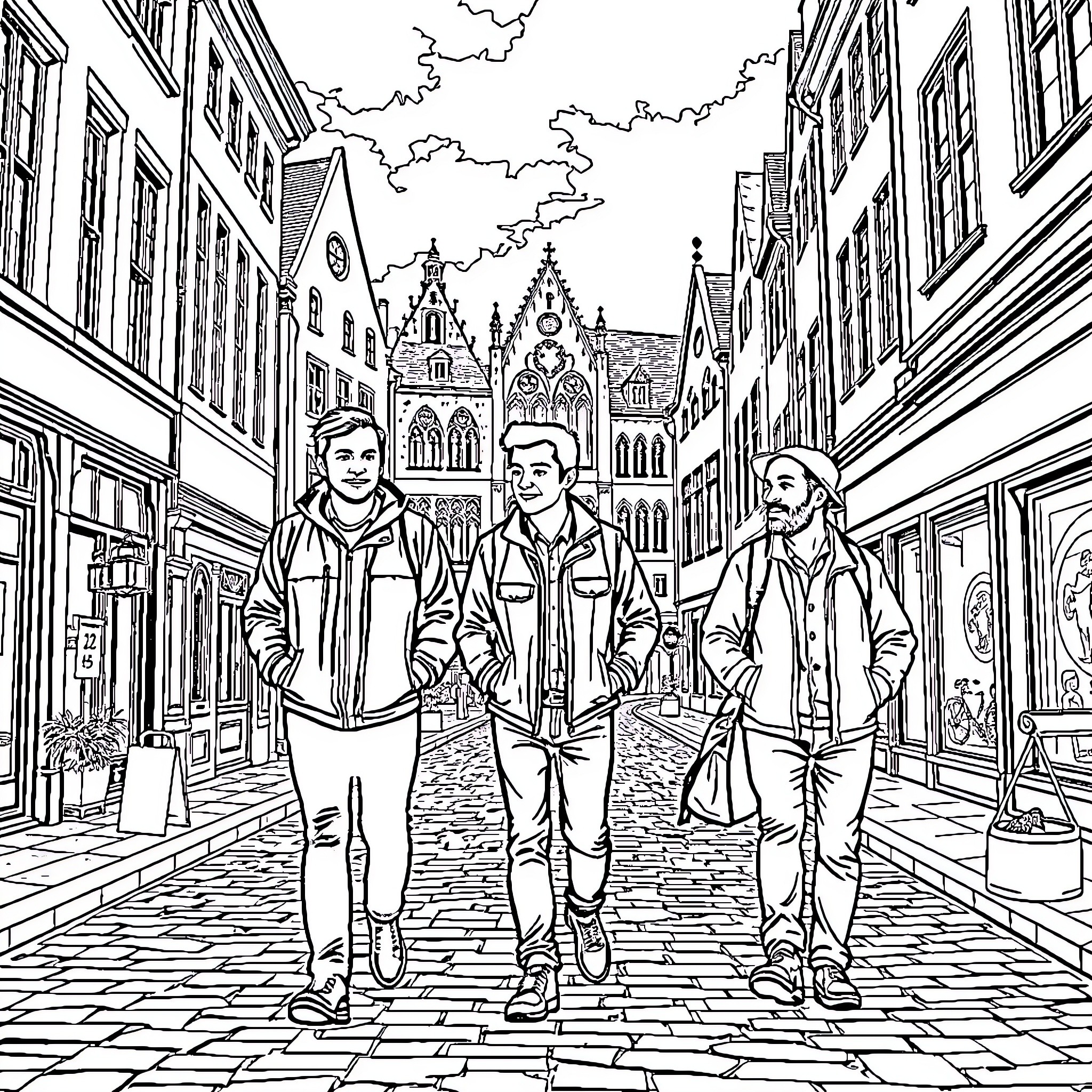 Thomas and Friends Explore the Historic City Streets Coloring Page (free black-and-white line drawing printable PDF for all, from beginners to advanced learners, including children, teens, adults, and seniors)