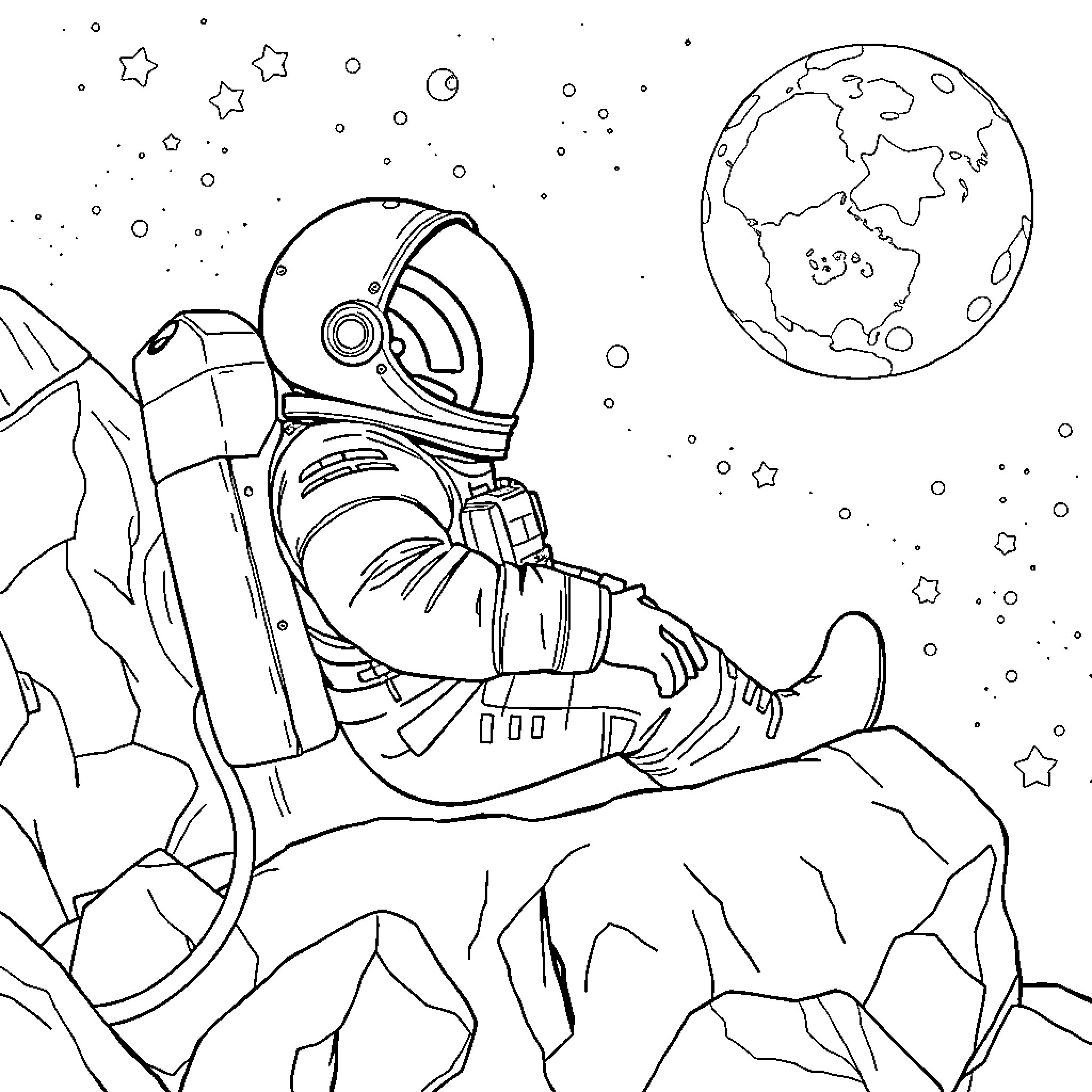 Astronaut exploring the rocky terrain of an alien planet Coloring Page (free black-and-white line drawing printable PDF for all, from beginners to advanced learners, including children, teens, adults, and seniors)