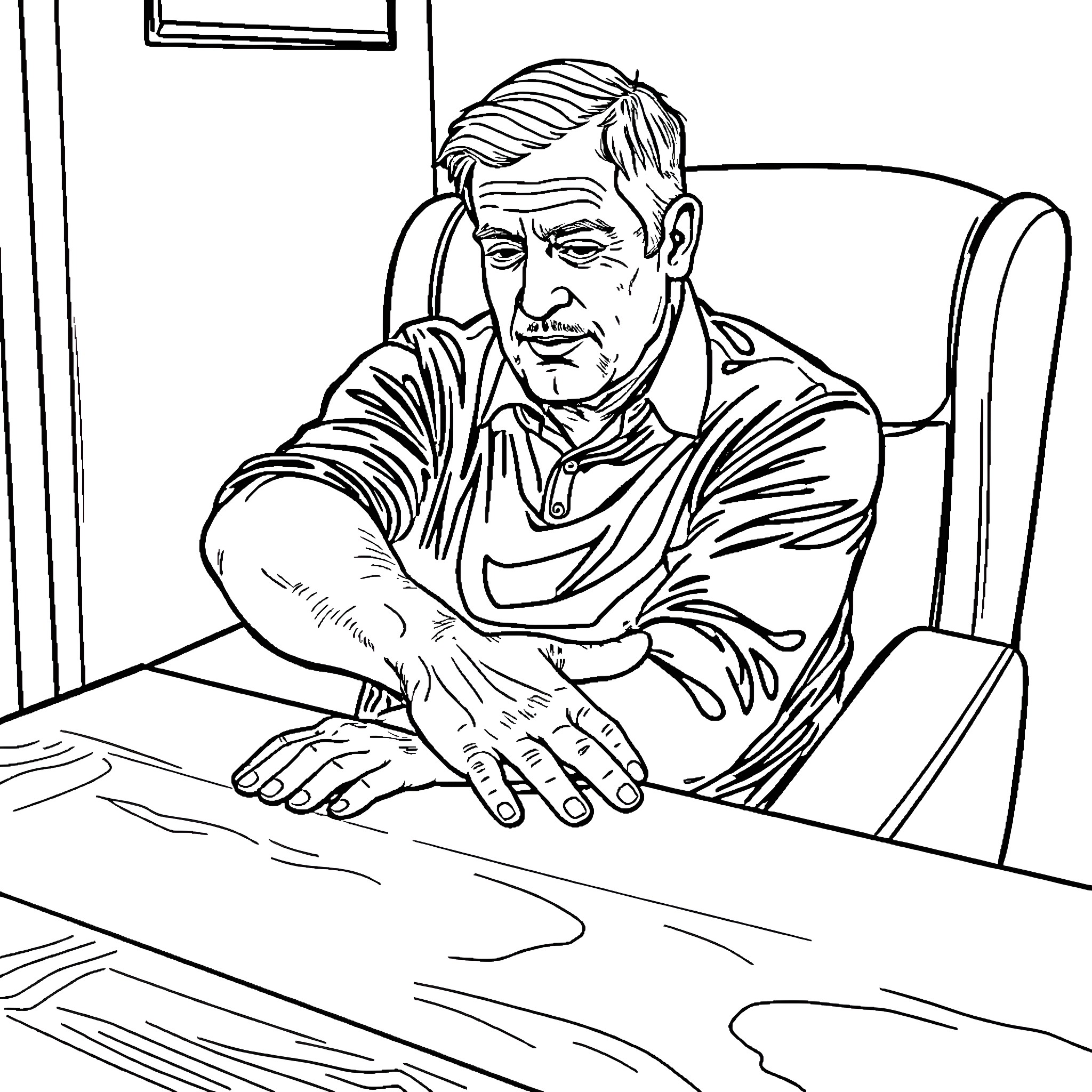 Man pensive at his desk in contemplation Coloring Page (free black-and-white line drawing printable PDF for all, from beginners to advanced learners, including children, teens, adults, and seniors)