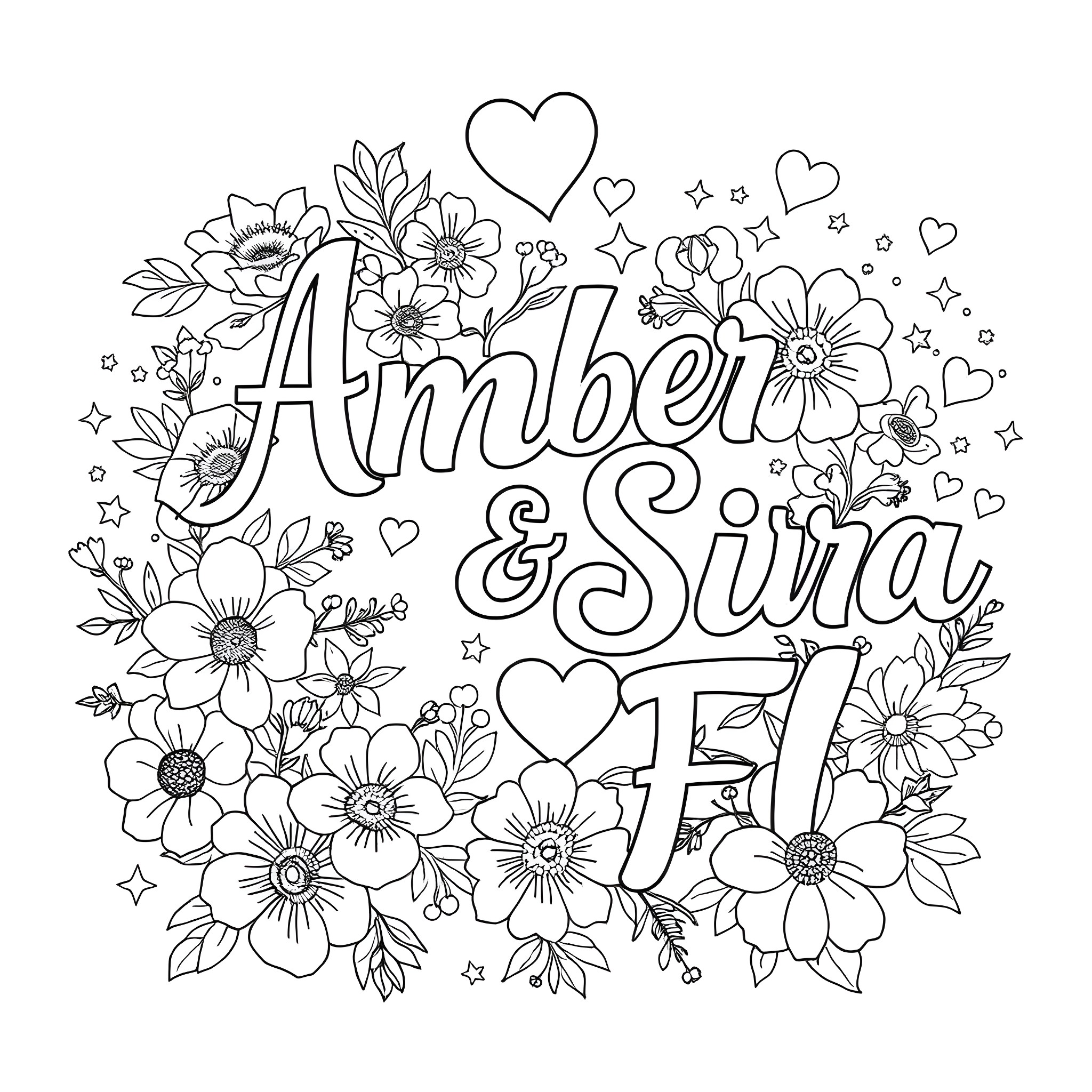 Font of floral patterns, hearts, and stars Coloring Page (free black-and-white line drawing printable PDF for all, from beginners to advanced learners, including children, teens, adults, and seniors)