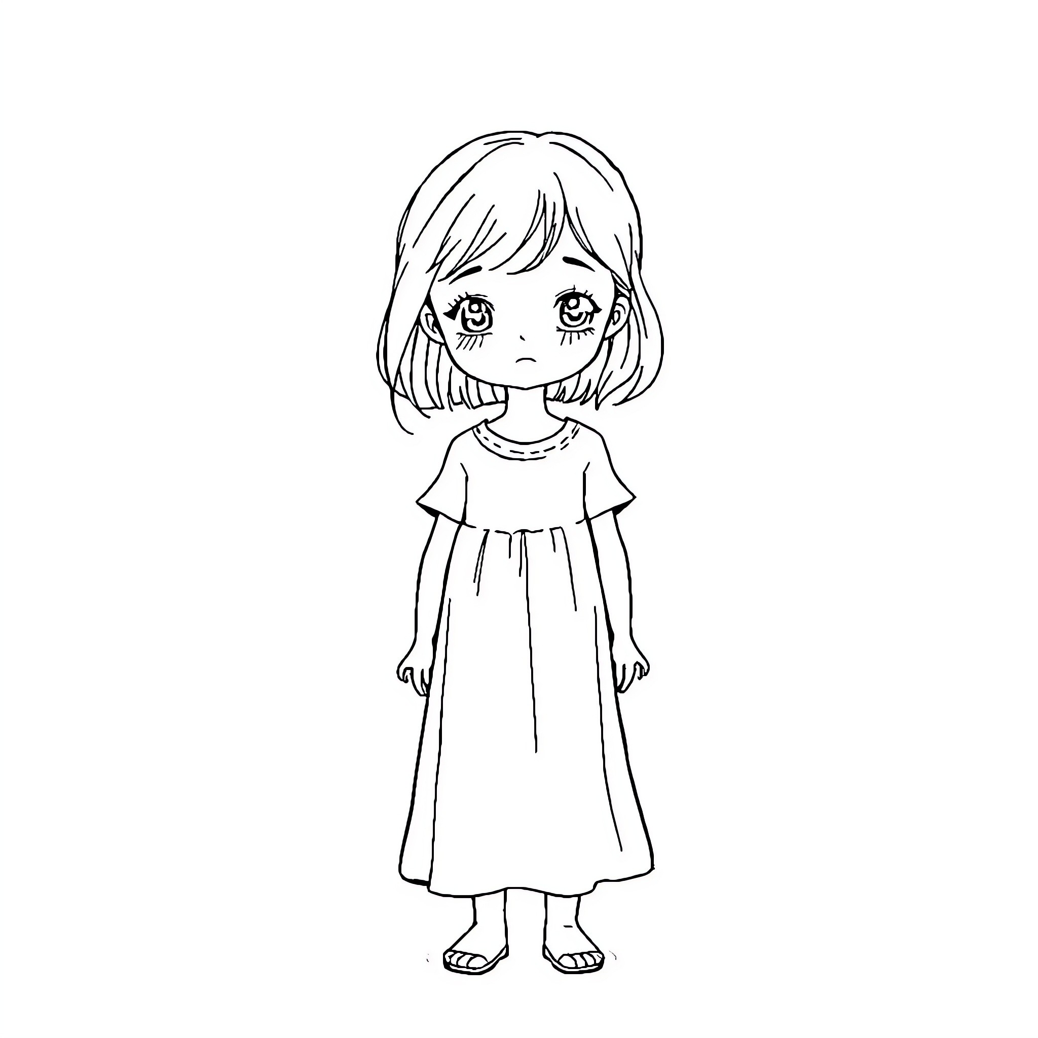 Girl in simple dress with thoughtful expression Coloring Page (free black-and-white line drawing printable PDF for all, from beginners to advanced learners, including children, teens, adults, and seniors)