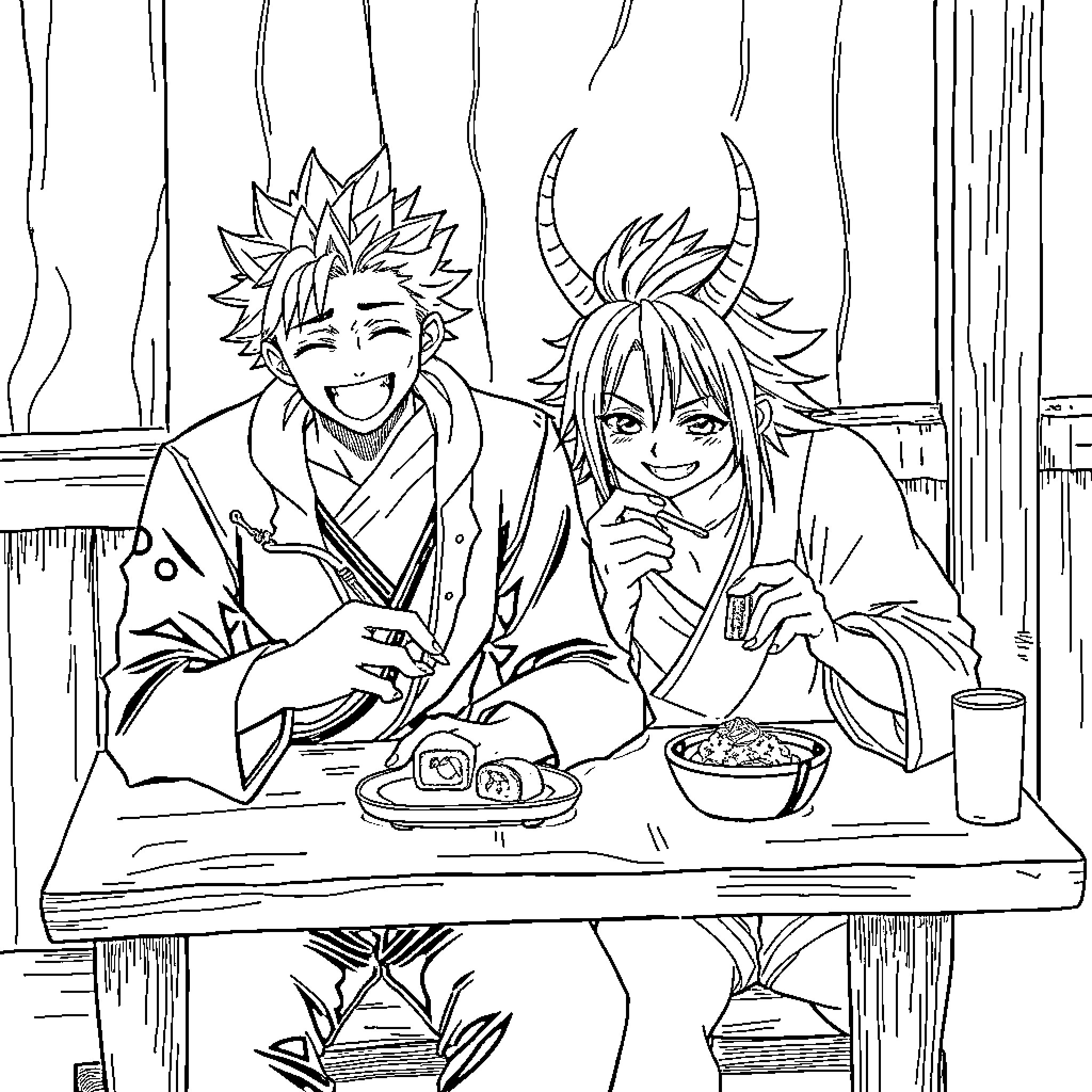 Akaza enjoying a meal with a companion Coloring Page (free black-and-white line drawing printable PDF for all, from beginners to advanced learners, including children, teens, adults, and seniors)