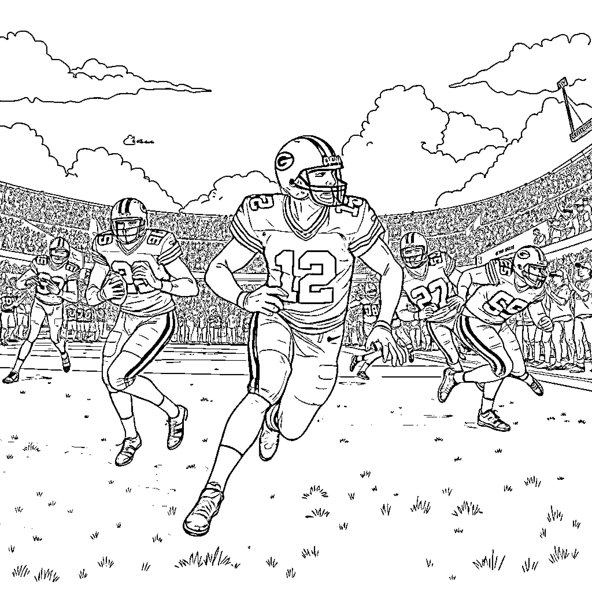 Green Bay Packers Players in Action on the Field Coloring Page (free black-and-white line drawing printable PDF for all, from beginners to advanced learners, including children, teens, adults, and seniors)