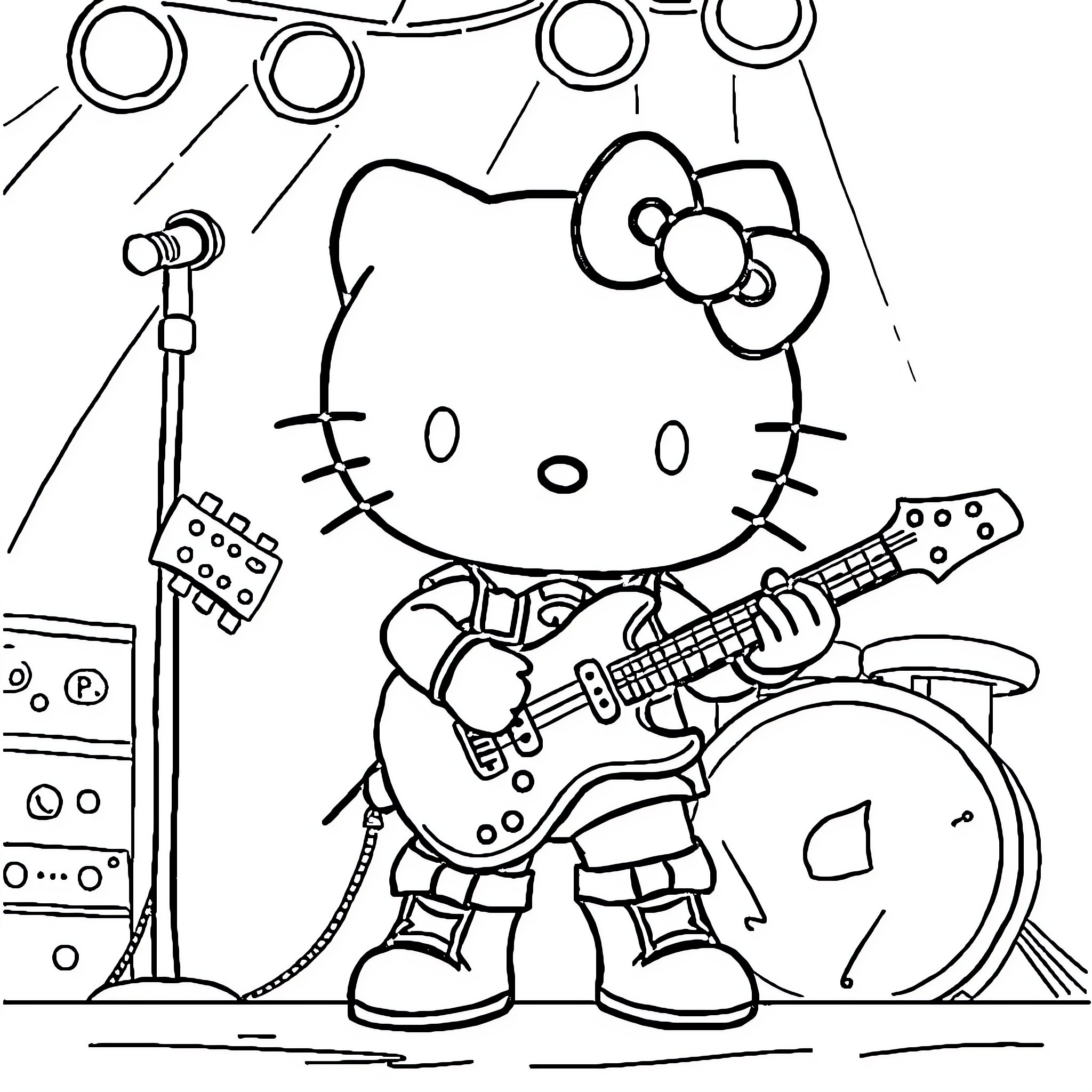 Hello Kitty playing the guitar on stage Coloring Page (free black-and-white line drawing printable PDF for all, from beginners to advanced learners, including children, teens, adults, and seniors)