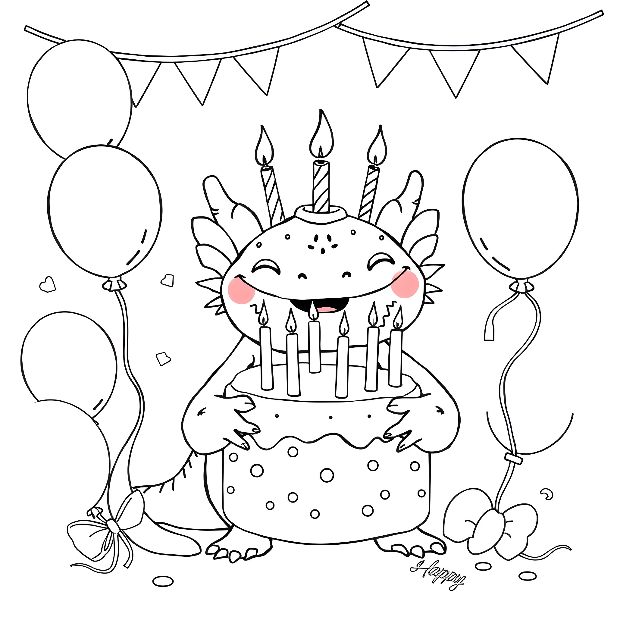 Axolotl celebrating birthday with cake and balloons Coloring Page (free black-and-white line drawing printable PDF for all, from beginners to advanced learners, including children, teens, adults, and seniors)