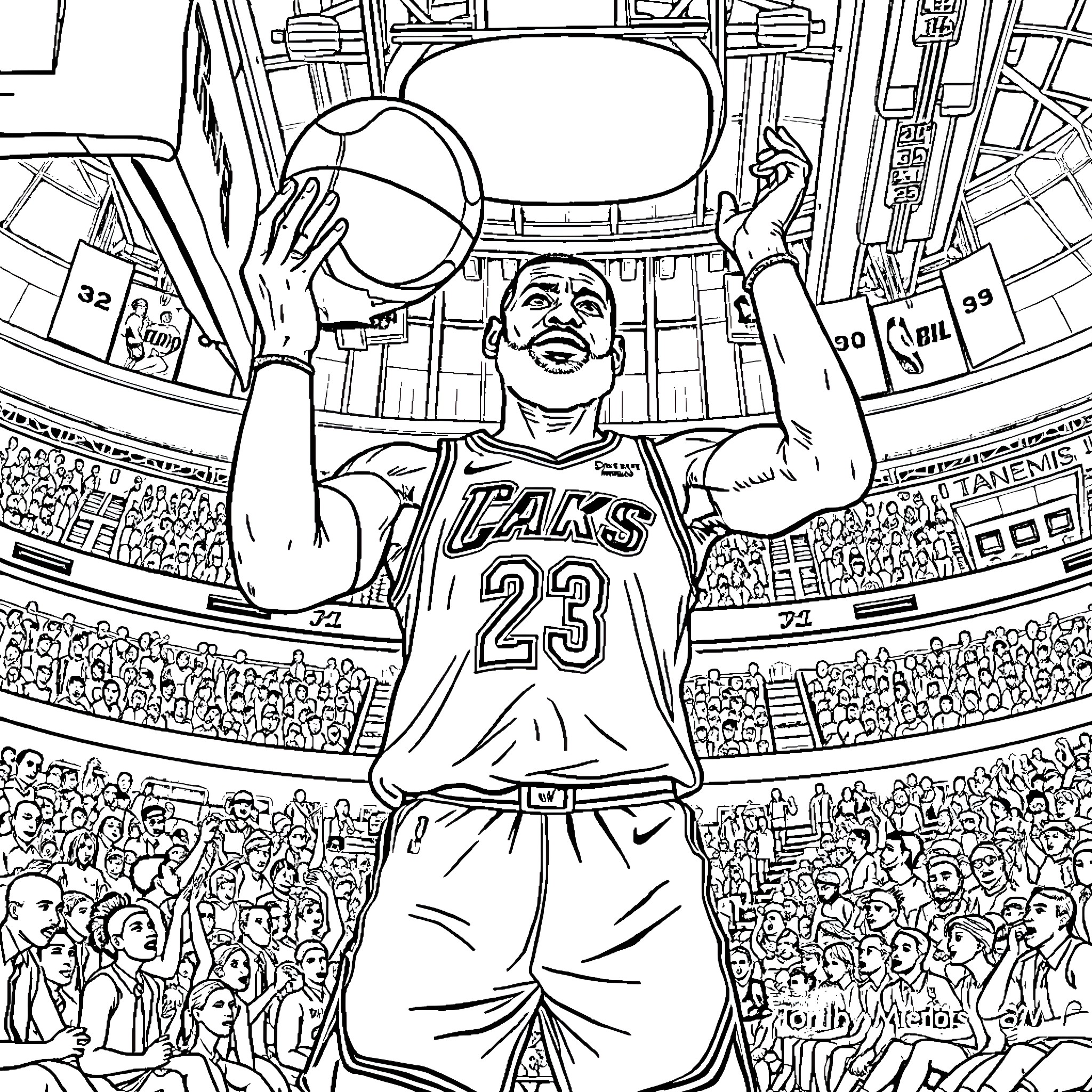 LeBron celebrates epic basketball victory Coloring Page (free black-and-white line drawing printable PDF for all, from beginners to advanced learners, including children, teens, adults, and seniors)