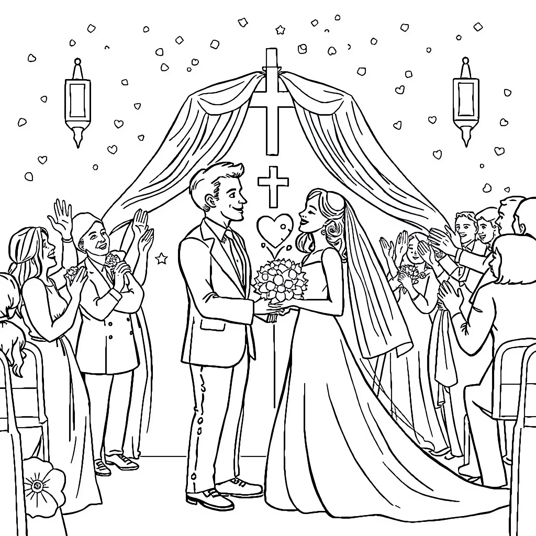 Wedding ceremony with joyful celebration Coloring Page (free black-and-white line drawing printable PDF for all, from beginners to advanced learners, including children, teens, adults, and seniors)