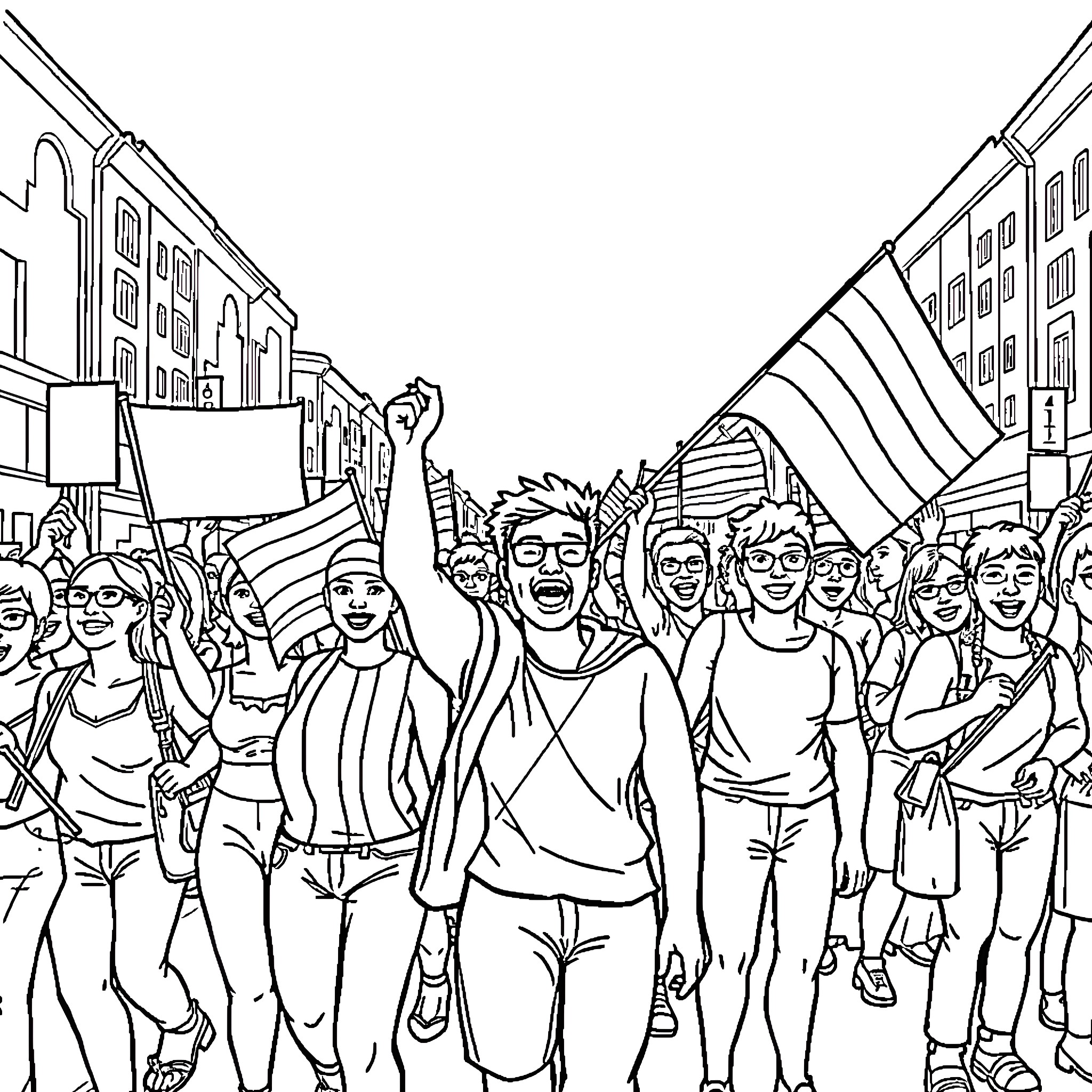 Pride Celebration with Joyful Crowds and Flags Coloring Page (free black-and-white line drawing printable PDF for all, from beginners to advanced learners, including children, teens, adults, and seniors)