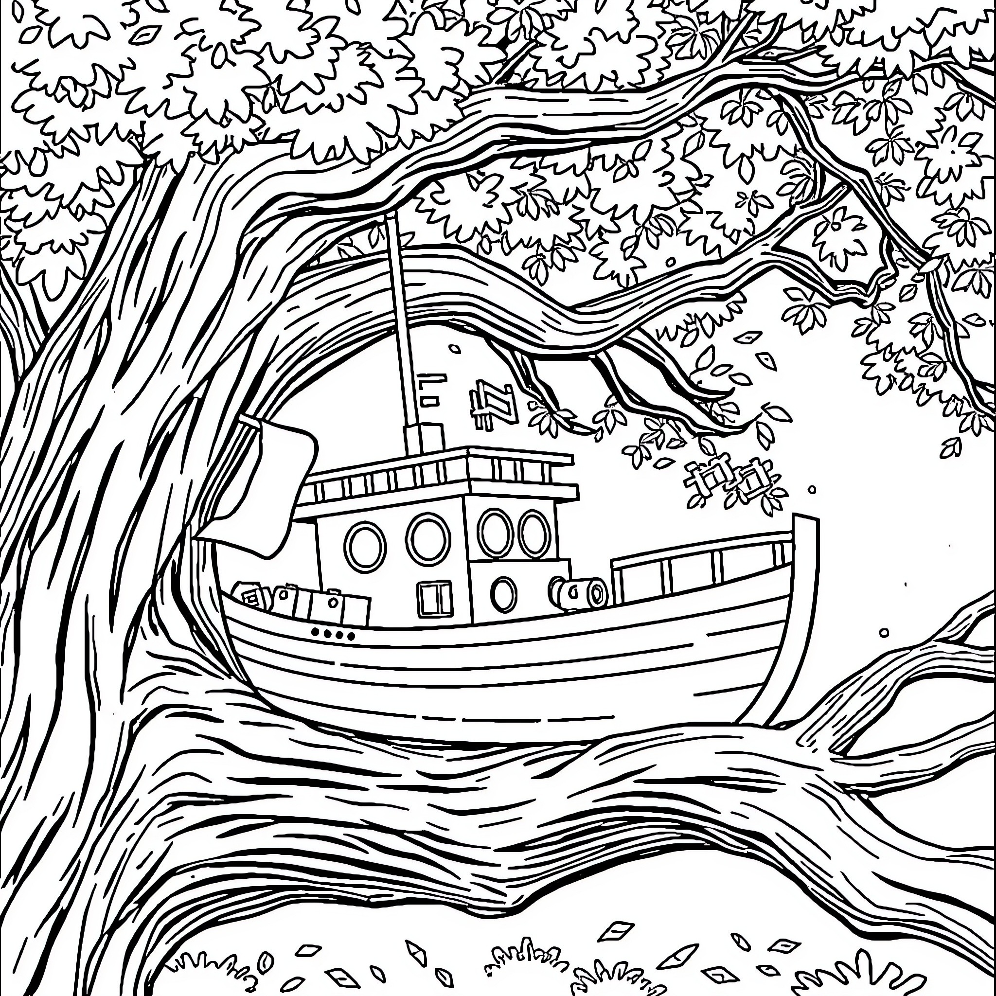 Boat sailing through the forest river Coloring Page (free black-and-white line drawing printable PDF for all, from beginners to advanced learners, including children, teens, adults, and seniors)