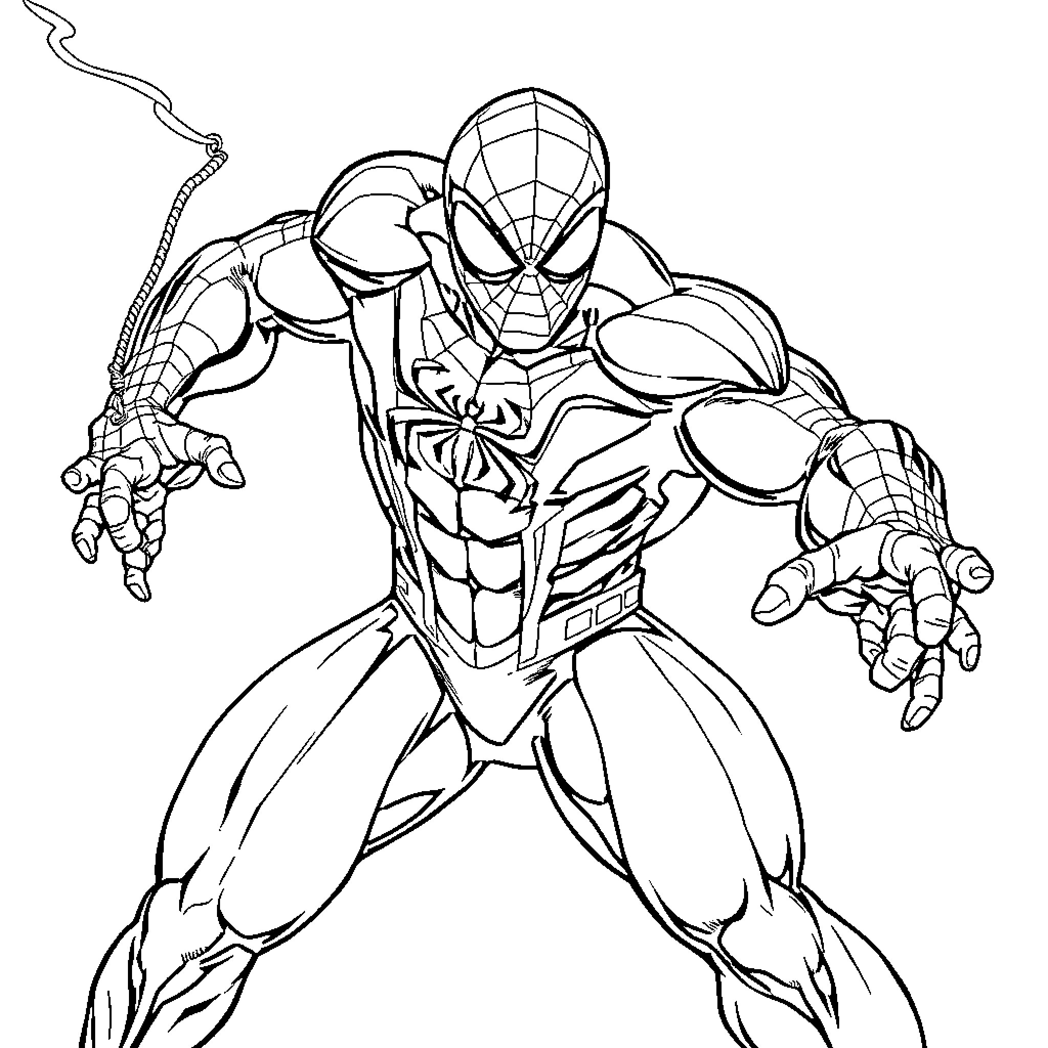Spiderman in action-packed pose Coloring Page (free black-and-white line drawing printable PDF for all, from beginners to advanced learners, including children, teens, adults, and seniors)