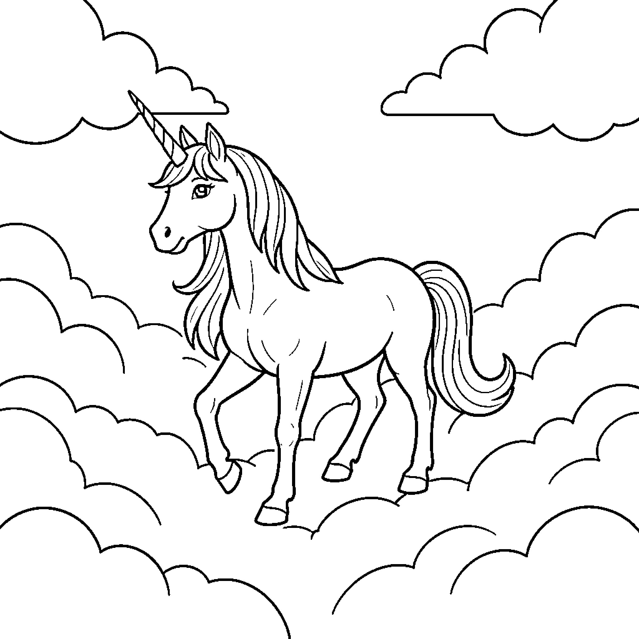 Unicorn walking gracefully through the fluffy clouds Coloring Page (free black-and-white line drawing printable PDF for all, from beginners to advanced learners, including children, teens, adults, and seniors)