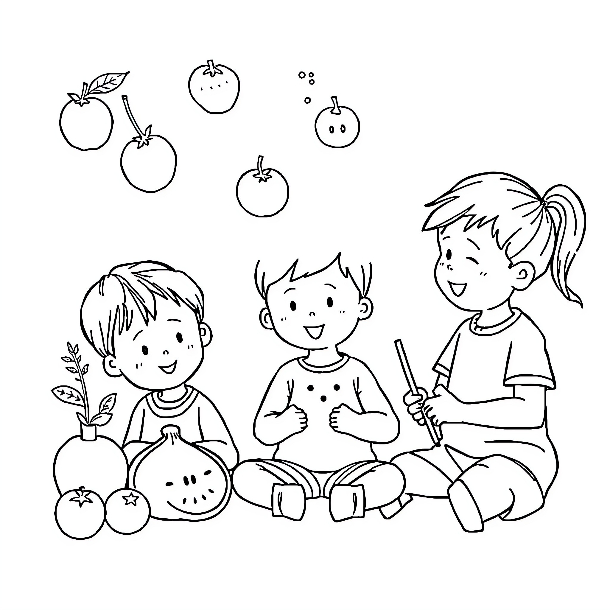 Healthy Habit: Children Enjoying Snacks and Play Coloring Page (free black-and-white line drawing printable PDF for all, from beginners to advanced learners, including children, teens, adults, and seniors)