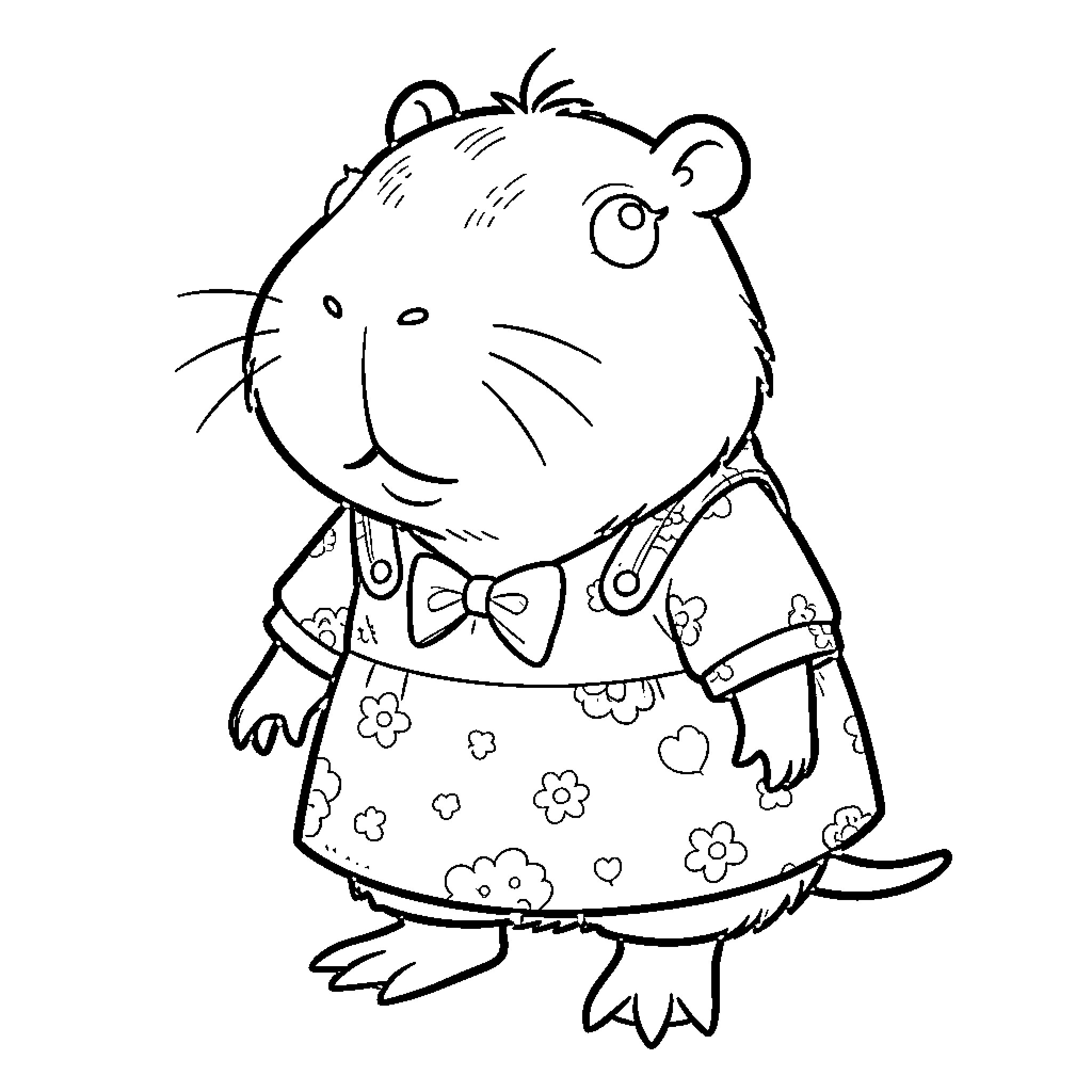 Capybara dressed in adorable outfit Coloring Page (free black-and-white line drawing printable PDF for all, from beginners to advanced learners, including children, teens, adults, and seniors)