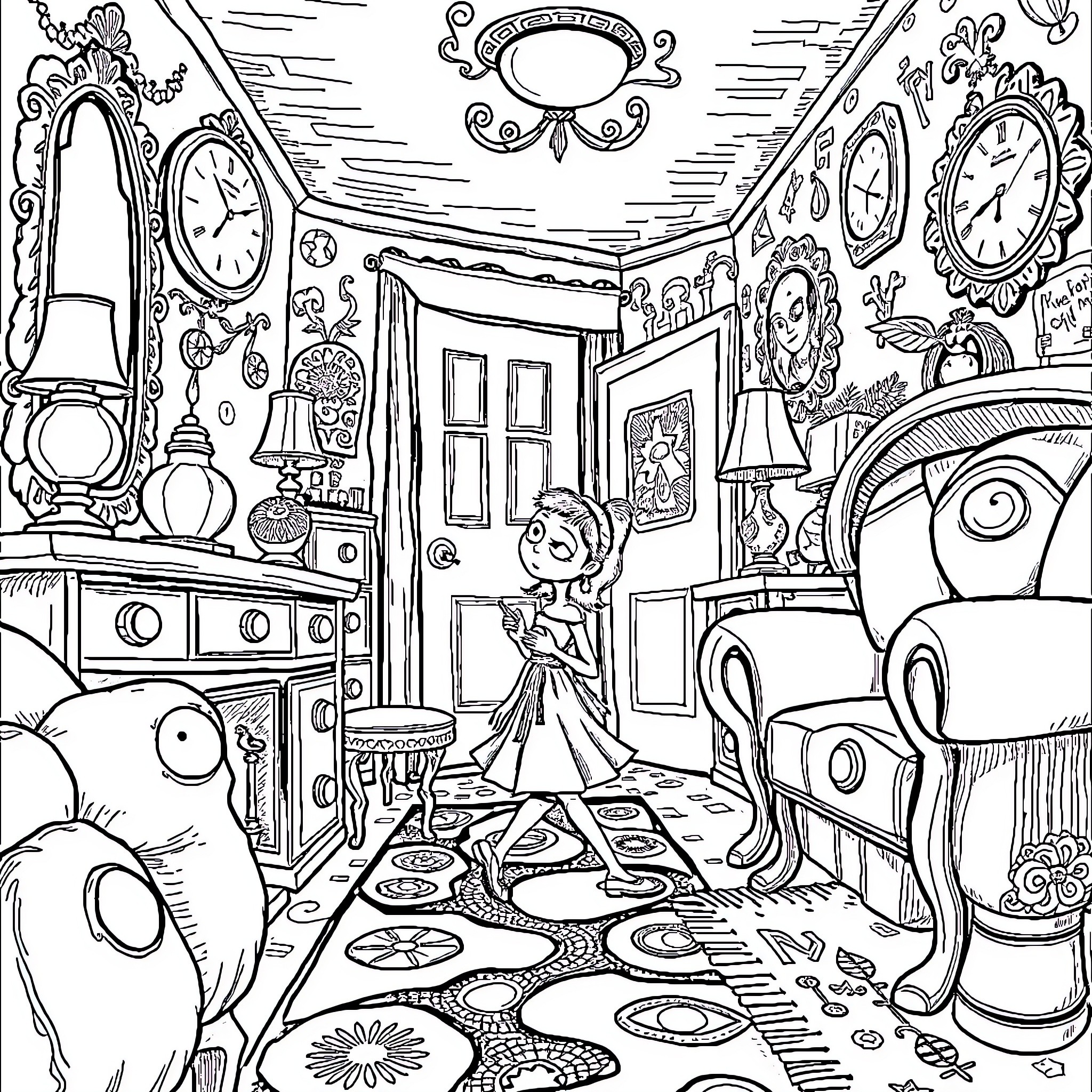 Coraline exploring a whimsical and eccentric dream-like room Coloring Page (free black-and-white line drawing printable PDF for all, from beginners to advanced learners, including children, teens, adults, and seniors)