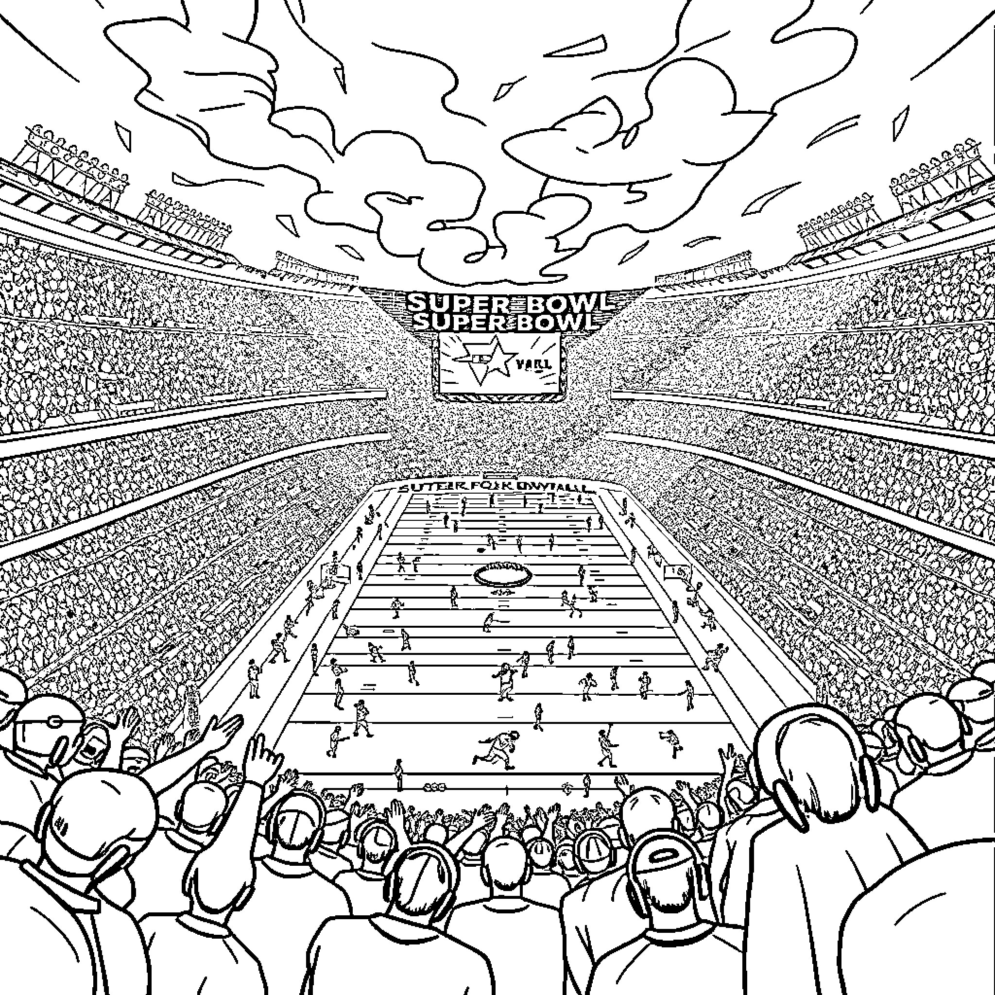 Super Bowl Game Action and Excitement at the Stadium Coloring Page (free black-and-white line drawing printable PDF for all, from beginners to advanced learners, including children, teens, adults, and seniors)