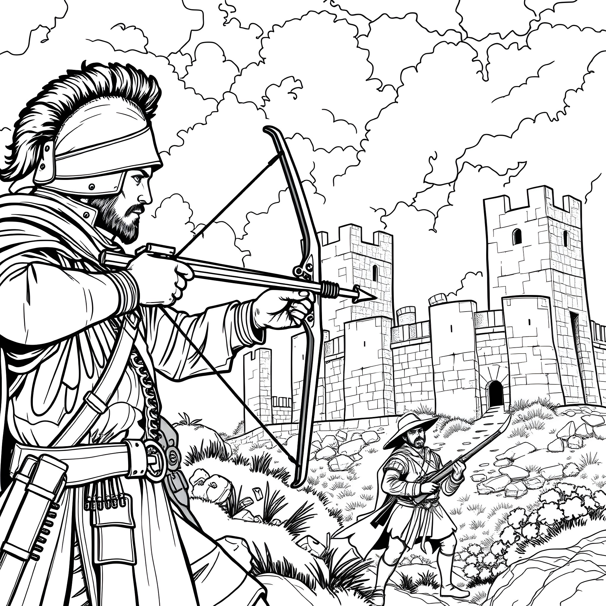 Soldier Aiming Bow Toward Fortified Castle Coloring Page (free black-and-white line drawing printable PDF for all, from beginners to advanced learners, including children, teens, adults, and seniors)