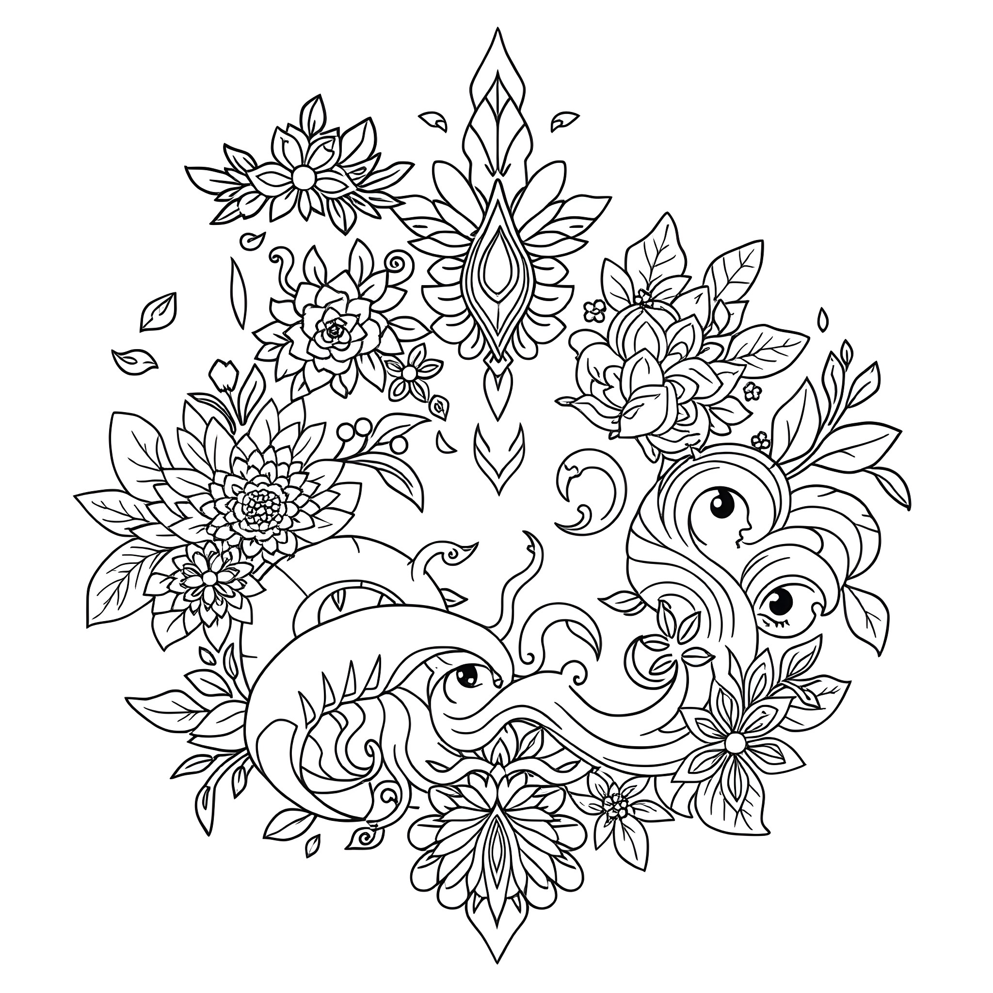 Polynesian Art Depicting Floral Patterns and Sea Creatures Coloring Page (free black-and-white line drawing printable PDF for all, from beginners to advanced learners, including children, teens, adults, and seniors)