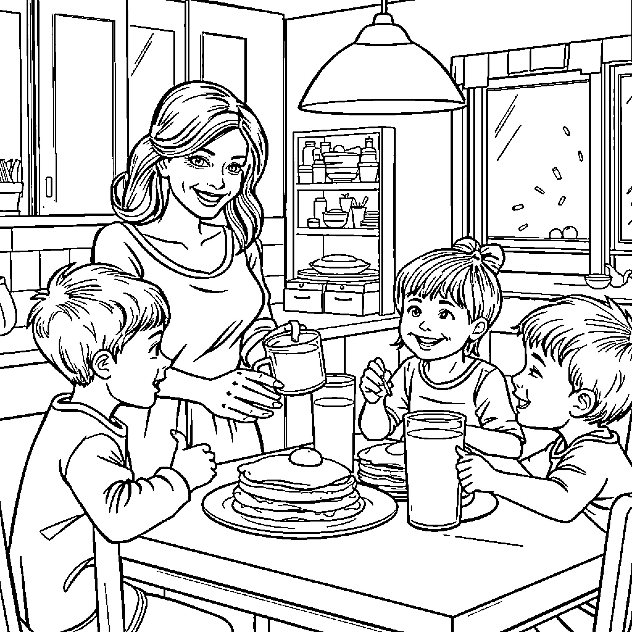 Mom serving pancakes to happy children in kitchen Coloring Page (free black-and-white line drawing printable PDF for all, from beginners to advanced learners, including children, teens, adults, and seniors)