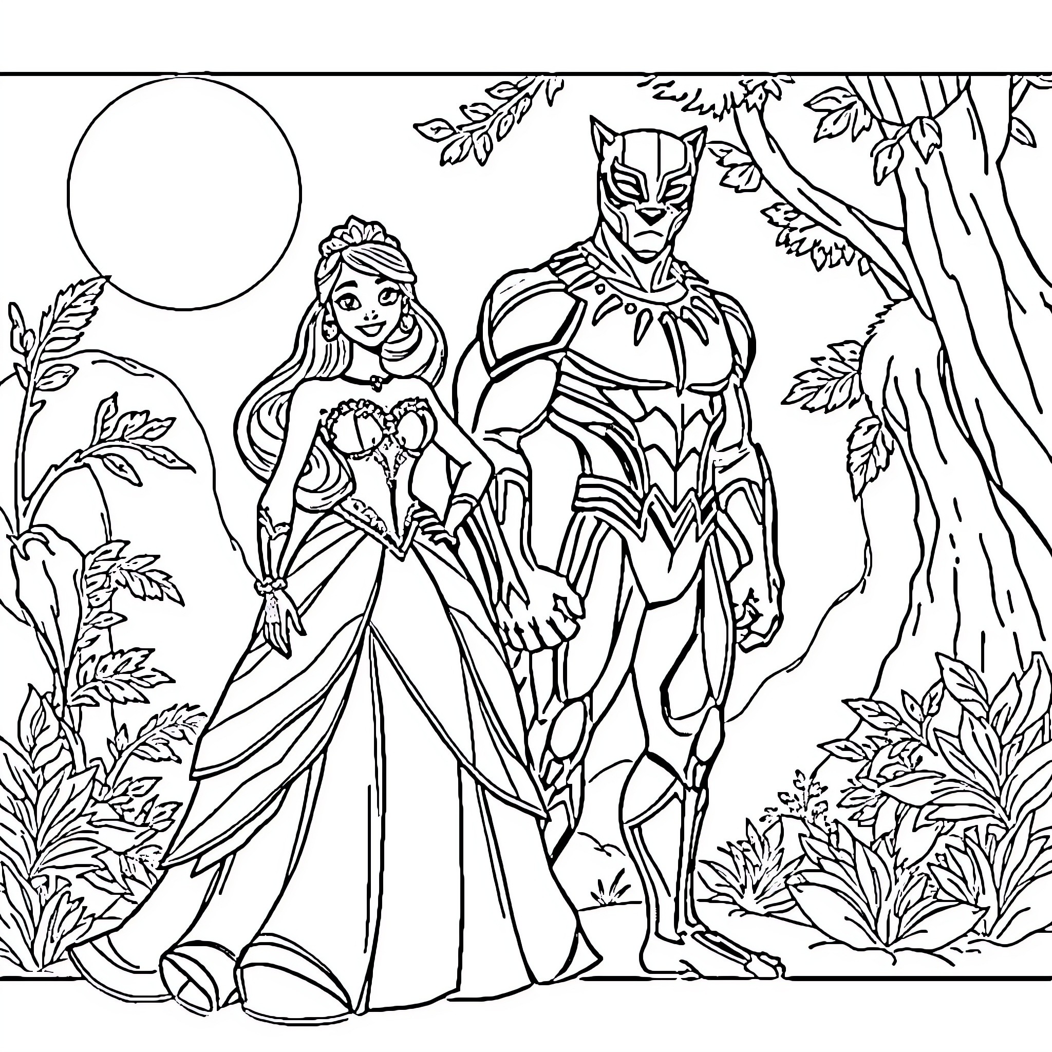 Tiana and Black Panther in a Mystical Forest Coloring Page (free black-and-white line drawing printable PDF for all, from beginners to advanced learners, including children, teens, adults, and seniors)