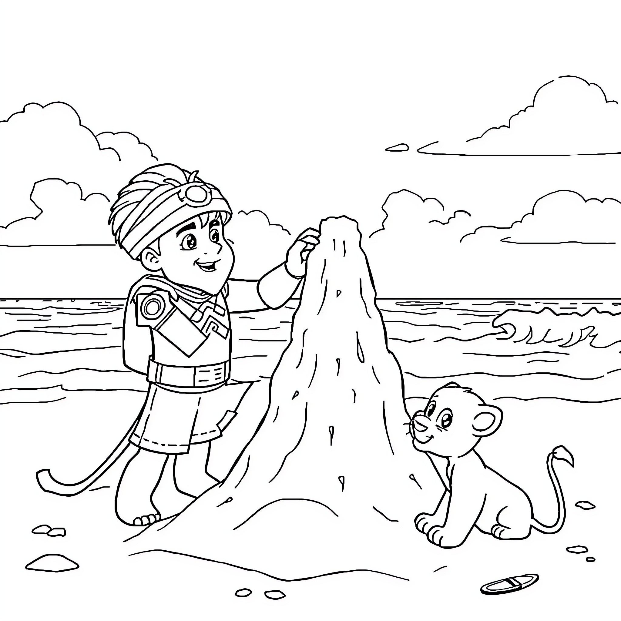 Master Chief Builds Sandcastle with Puppy Companion Coloring Page (free black-and-white line drawing printable PDF for all, from beginners to advanced learners, including children, teens, adults, and seniors)