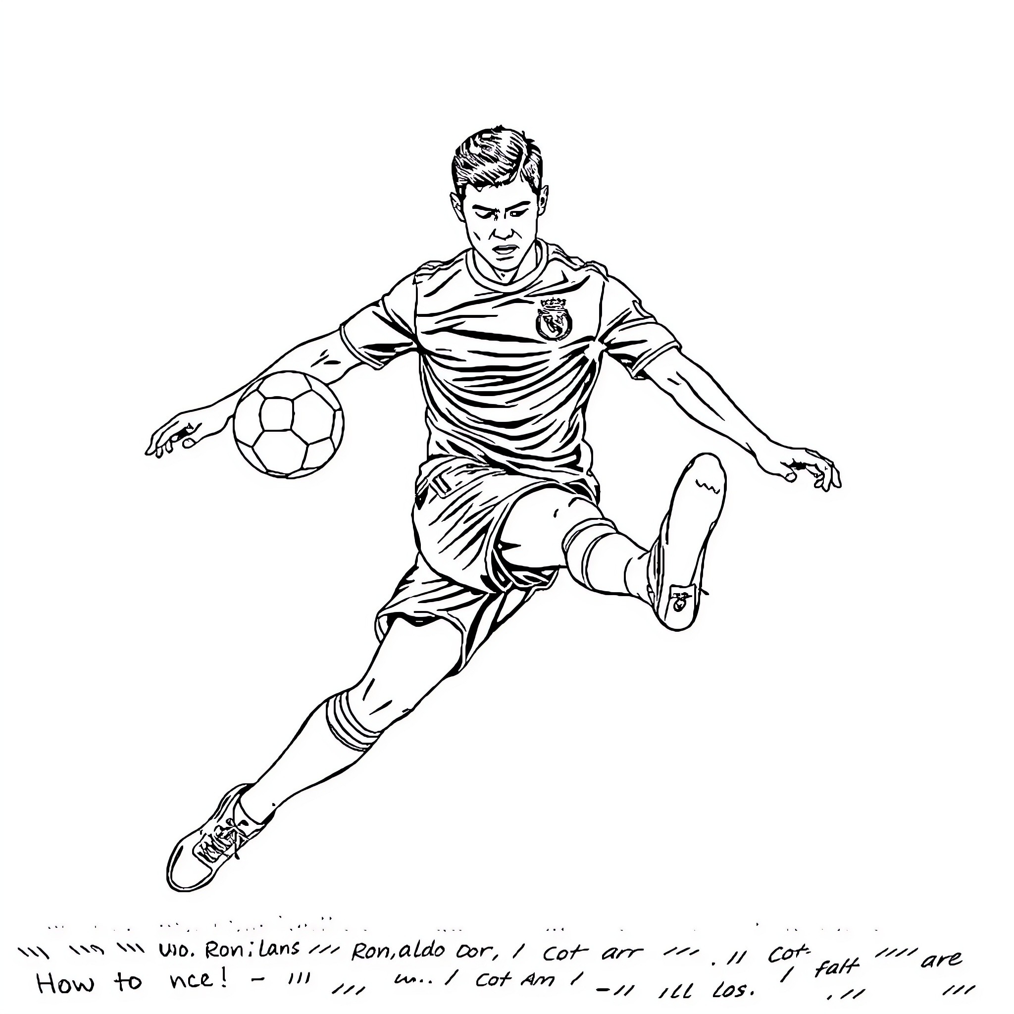 Ronaldo in action with soccer ball on the field Coloring Page (free black-and-white line drawing printable PDF for all, from beginners to advanced learners, including children, teens, adults, and seniors)