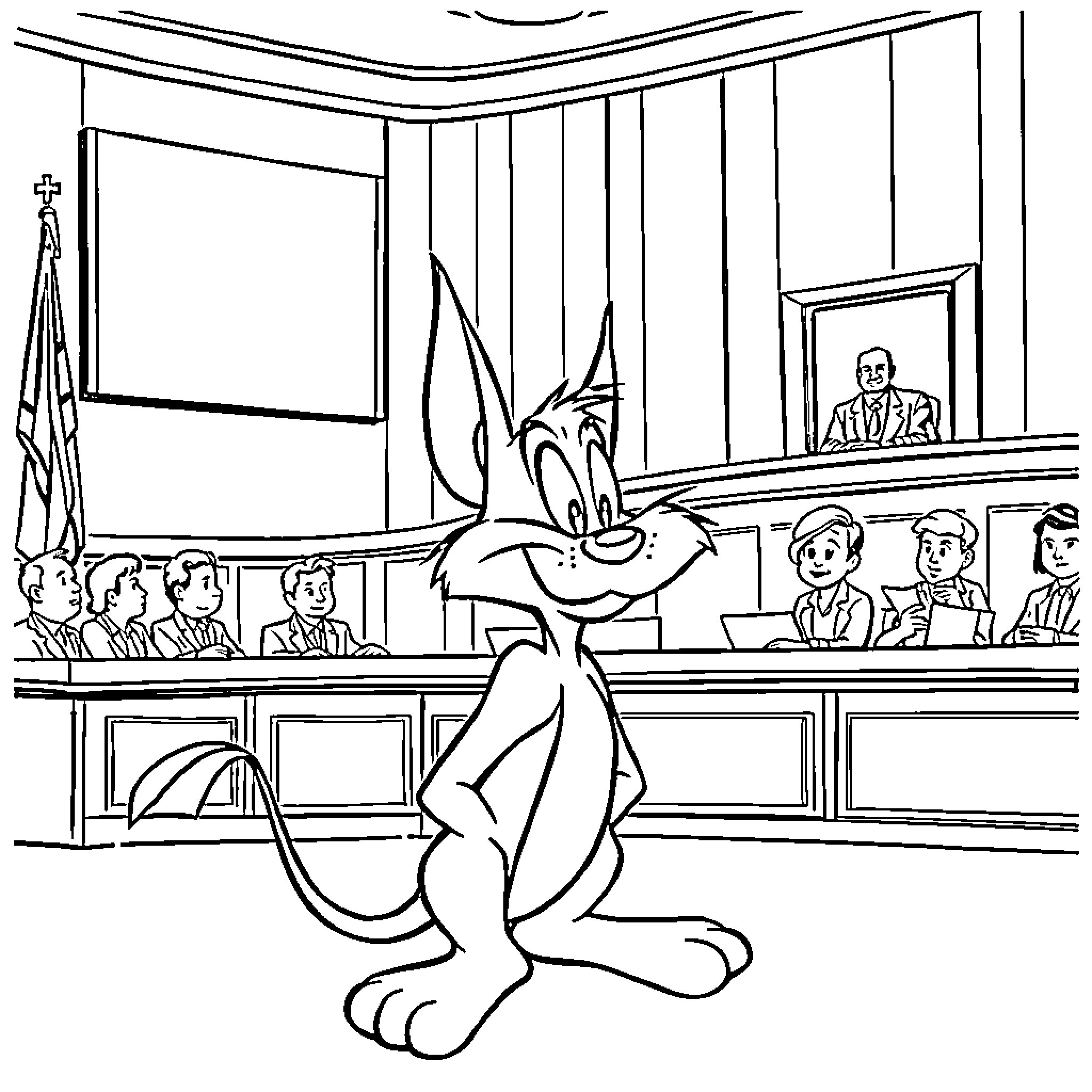 Tasmanian Devil in a Courtroom Scene Coloring Page (free black-and-white line drawing printable PDF for all, from beginners to advanced learners, including children, teens, adults, and seniors)