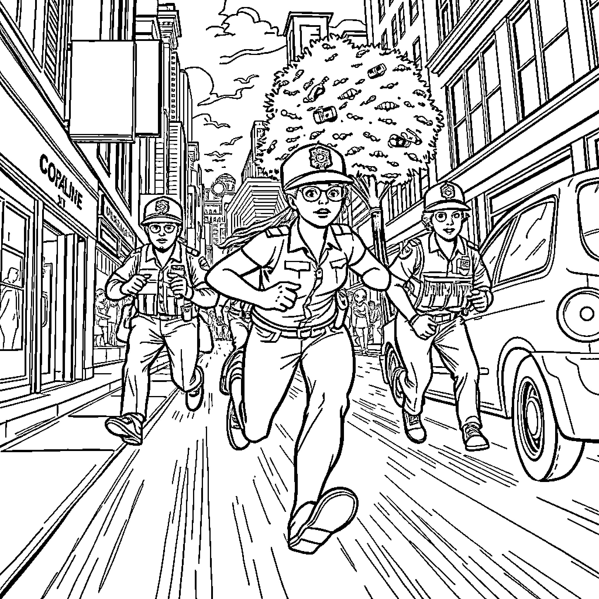 Coralline's Perilous Adventure in the City Streets Coloring Page (free black-and-white line drawing printable PDF for all, from beginners to advanced learners, including children, teens, adults, and seniors)