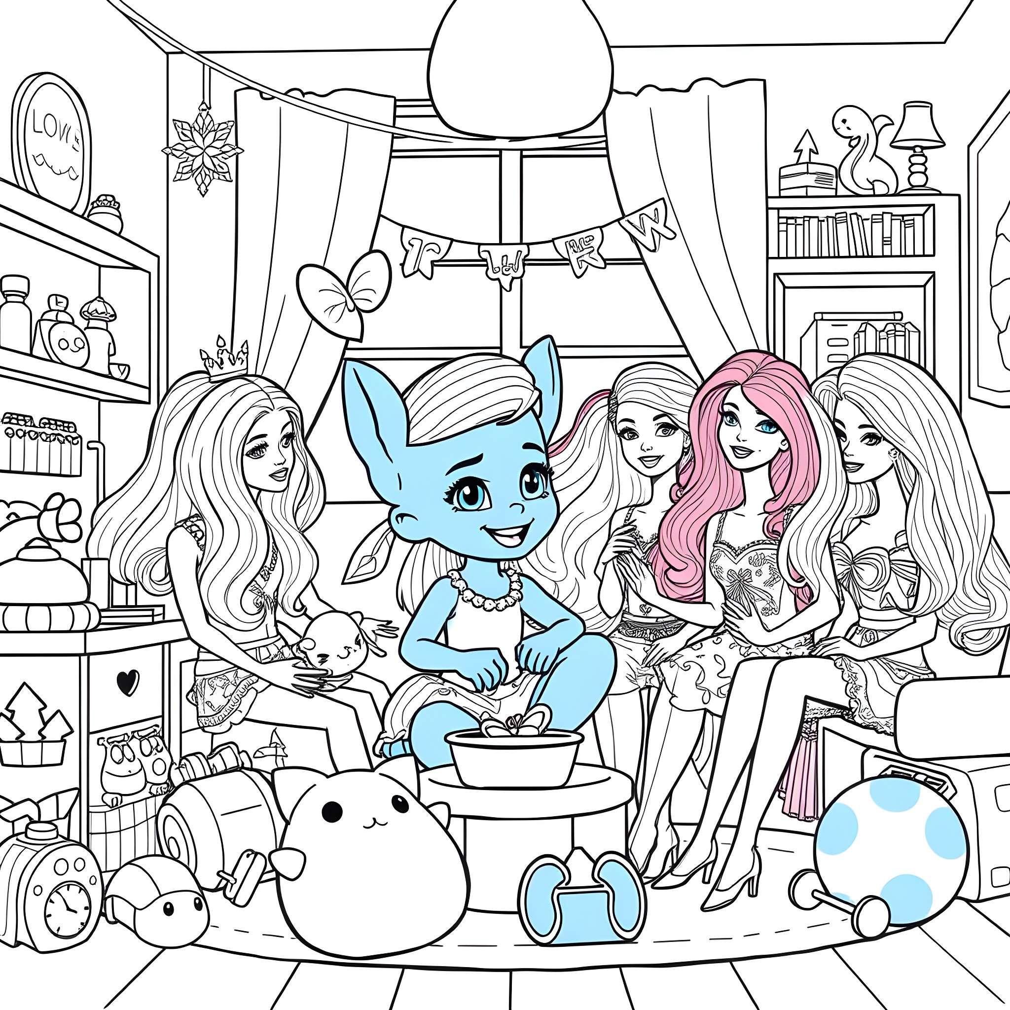 Bluey and Friends Explore a Cozy Bedroom Coloring Page (free black-and-white line drawing printable PDF for all, from beginners to advanced learners, including children, teens, adults, and seniors)