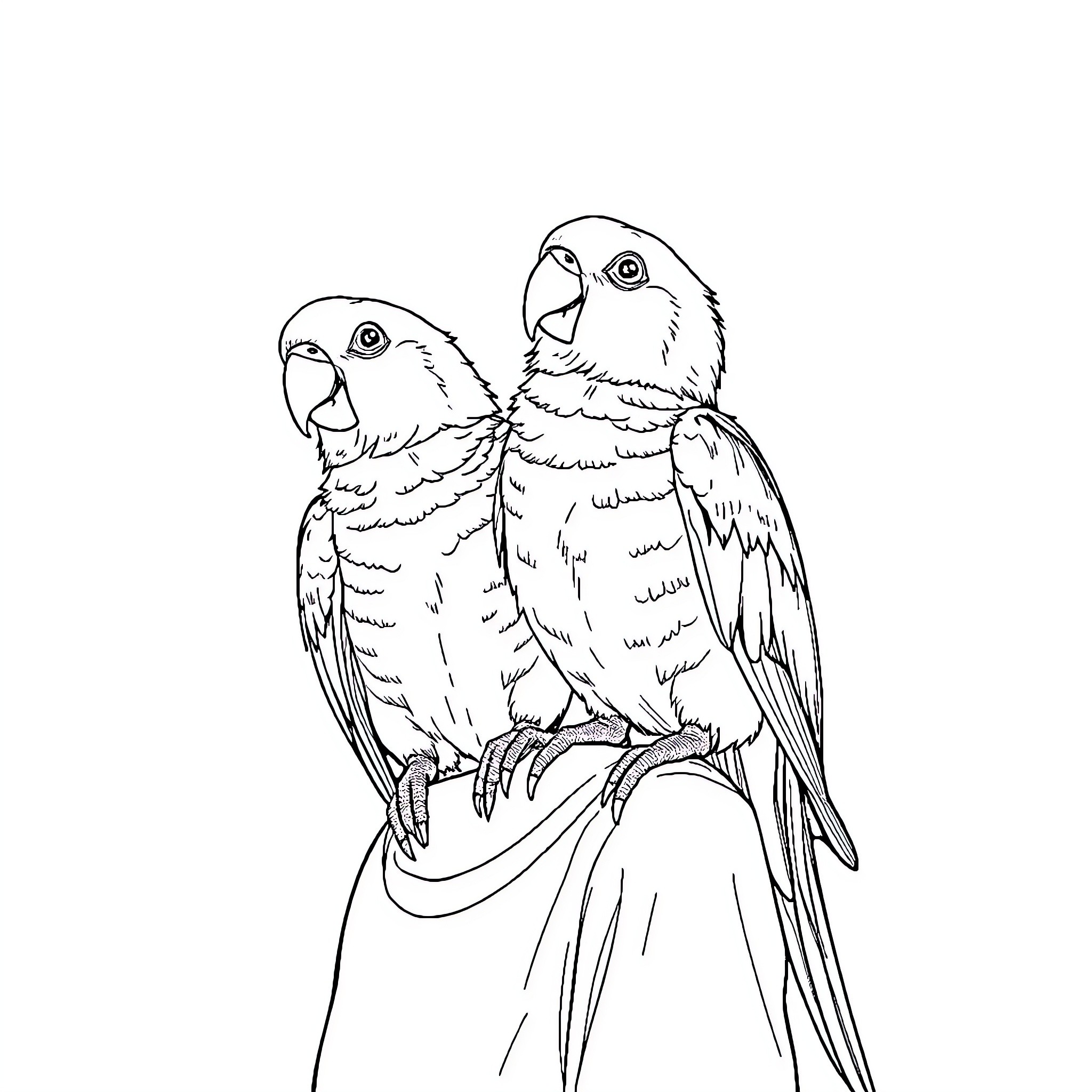 Parrot pair perched together Coloring Page (free black-and-white line drawing printable PDF for all, from beginners to advanced learners, including children, teens, adults, and seniors)