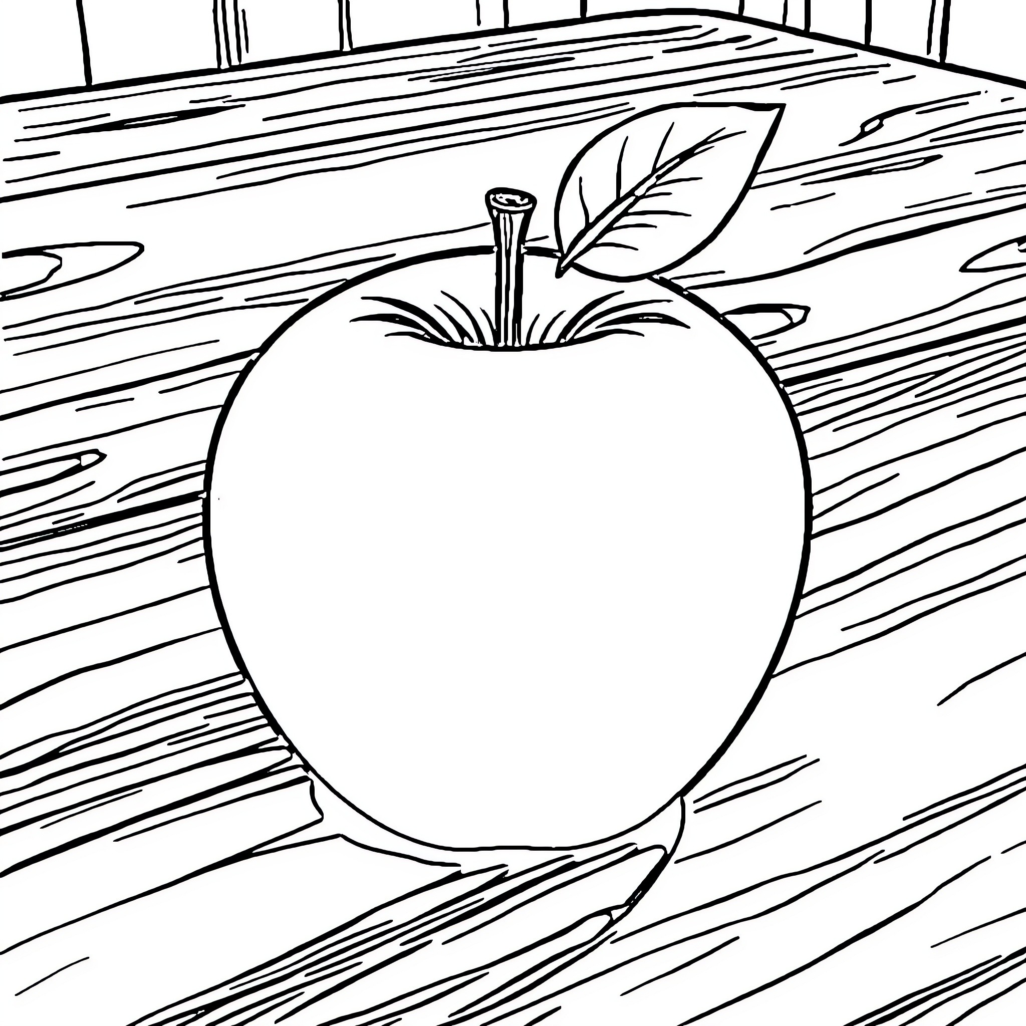 Apple on wooden table Coloring Page (free black-and-white line drawing printable PDF for all, from beginners to advanced learners, including children, teens, adults, and seniors)