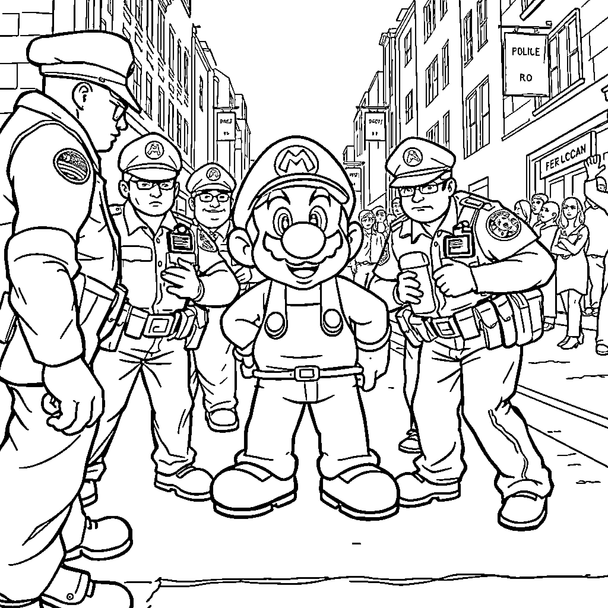 Mario and police officers in city street scene Coloring Page (free black-and-white line drawing printable PDF for all, from beginners to advanced learners, including children, teens, adults, and seniors)