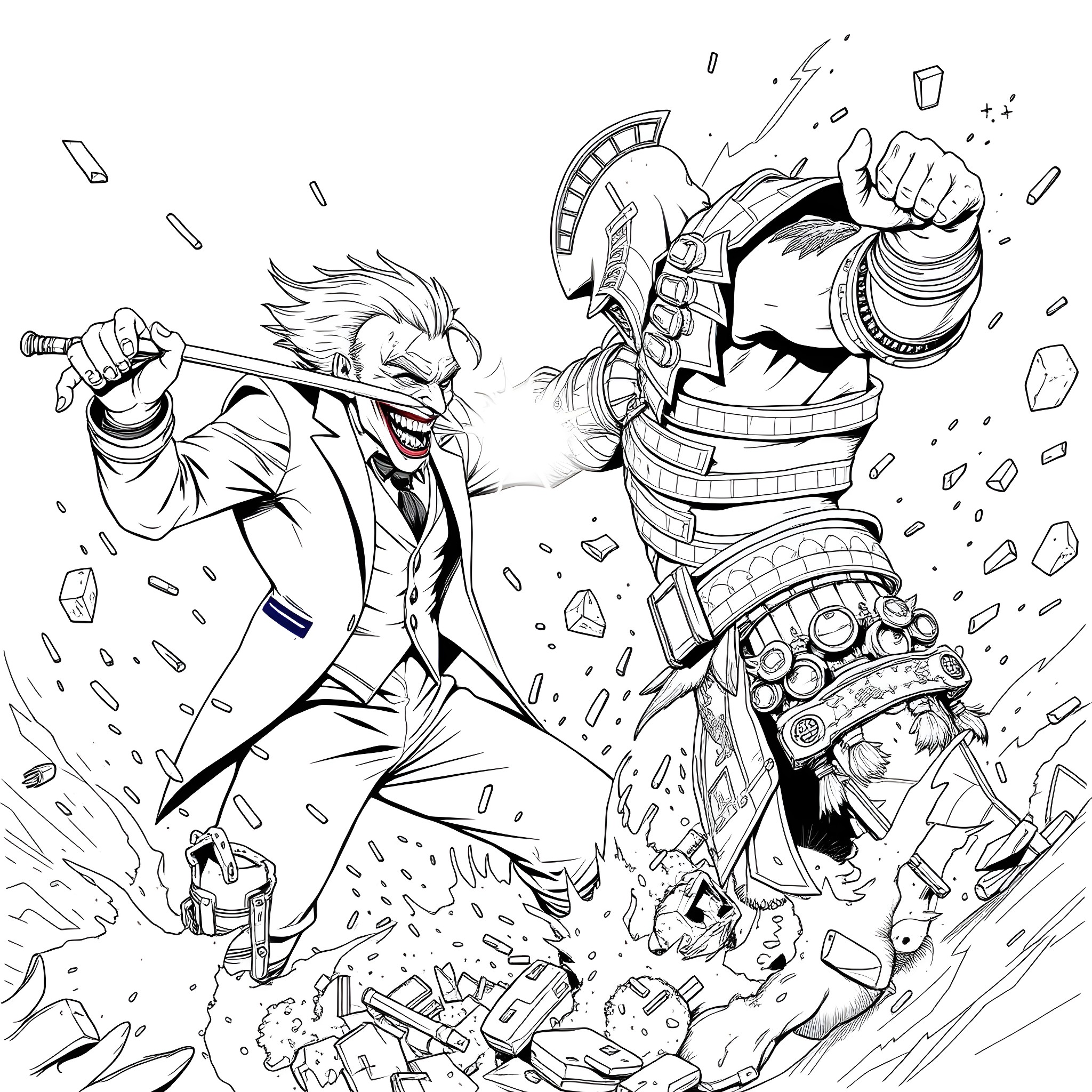 Joker's chaotic rampage with destructive power Coloring Page (free black-and-white line drawing printable PDF for all, from beginners to advanced learners, including children, teens, adults, and seniors)