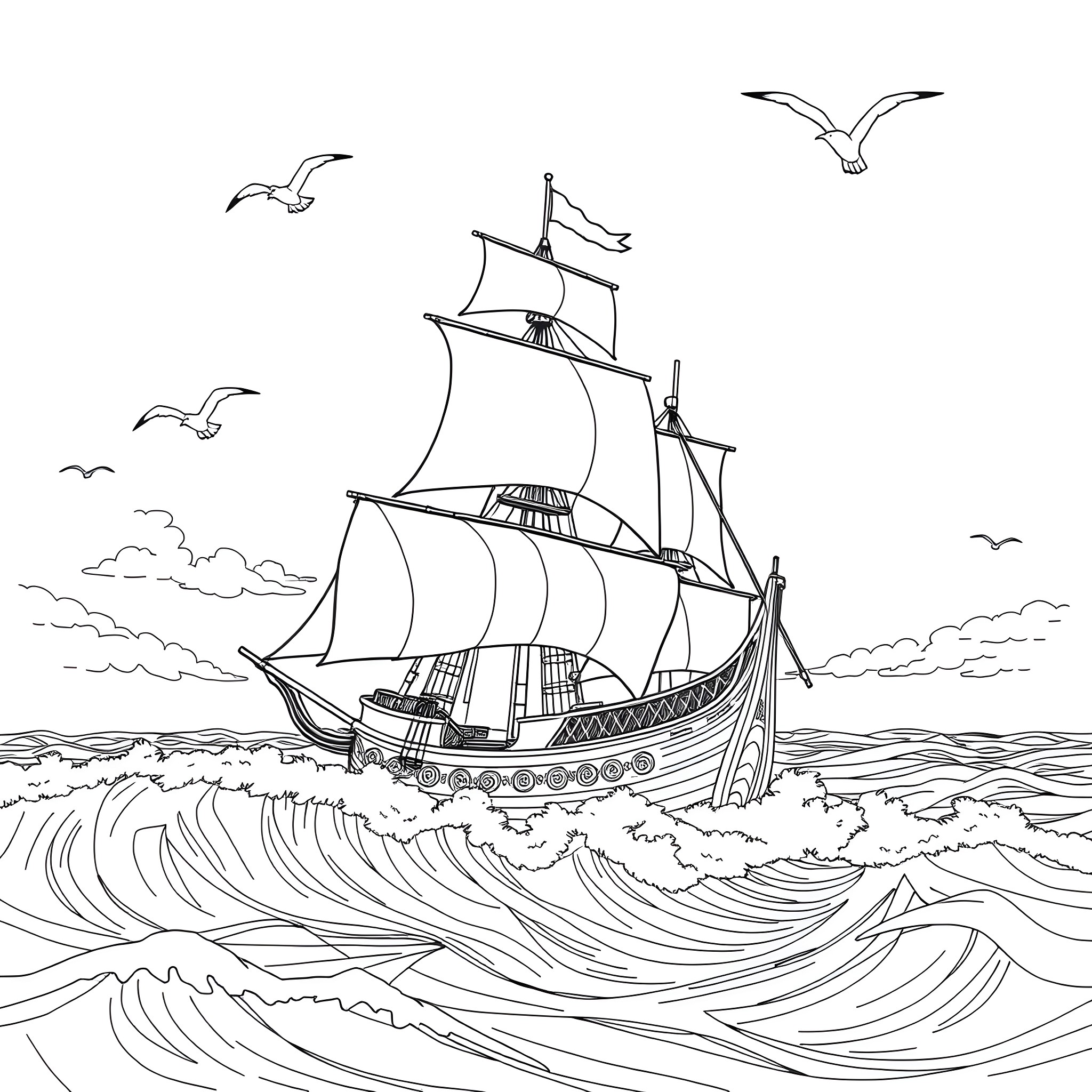 Columbus's Sailing Ship Voyaging Across Stormy Seas Coloring Page (free black-and-white line drawing printable PDF for all, from beginners to advanced learners, including children, teens, adults, and seniors)