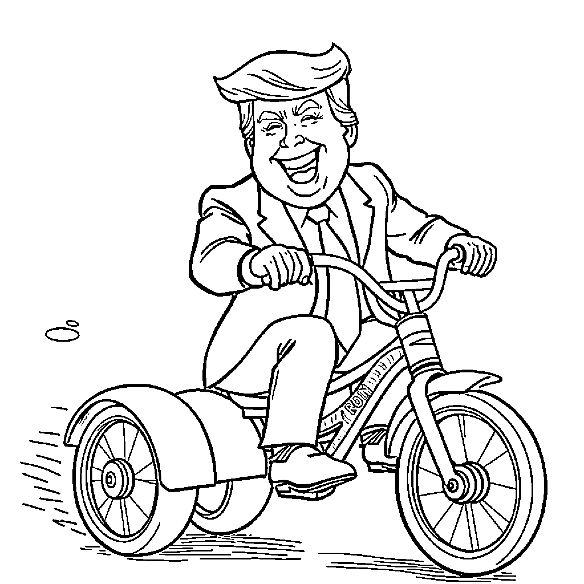 Donald Trump Riding a Tricycle Coloring Page (free black-and-white line drawing printable PDF for all, from beginners to advanced learners, including children, teens, adults, and seniors)