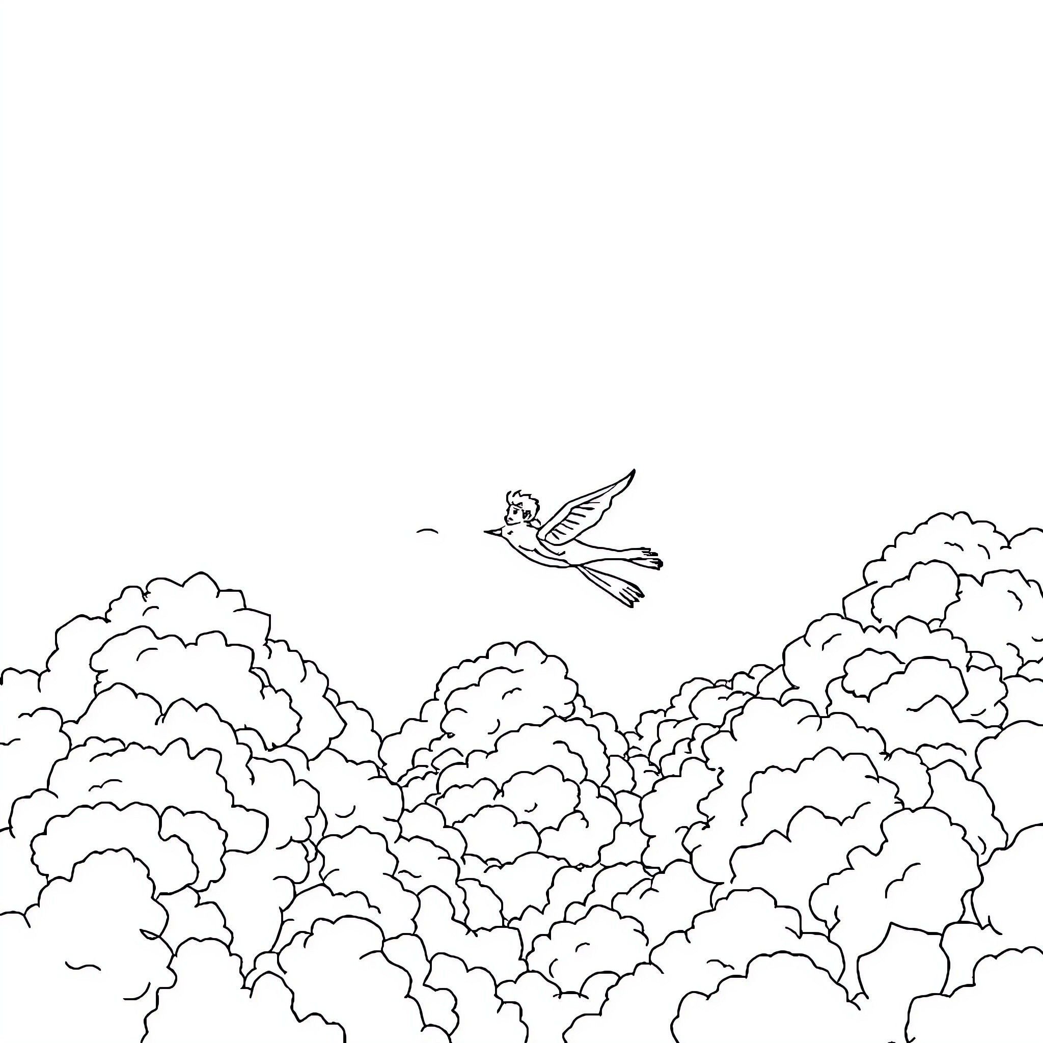Person flying among clouds in the sky Coloring Page (free black-and-white line drawing printable PDF for all, from beginners to advanced learners, including children, teens, adults, and seniors)