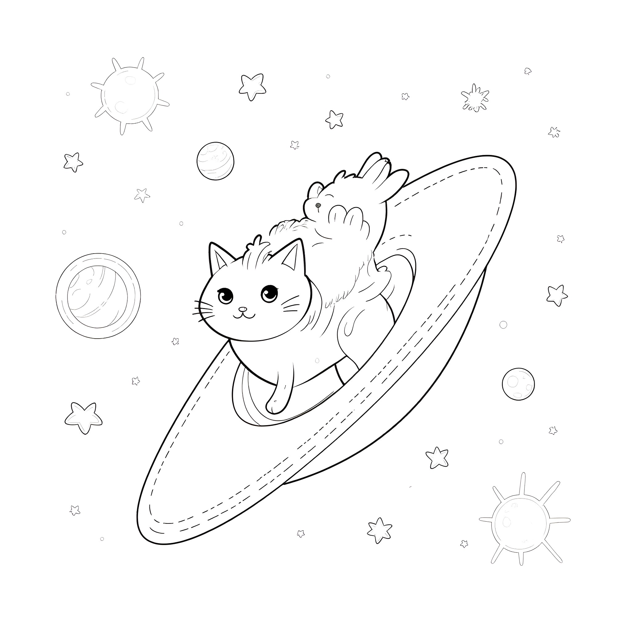 Kitten surfing through a starry night sky Coloring Page (free black-and-white line drawing printable PDF for all, from beginners to advanced learners, including children, teens, adults, and seniors)