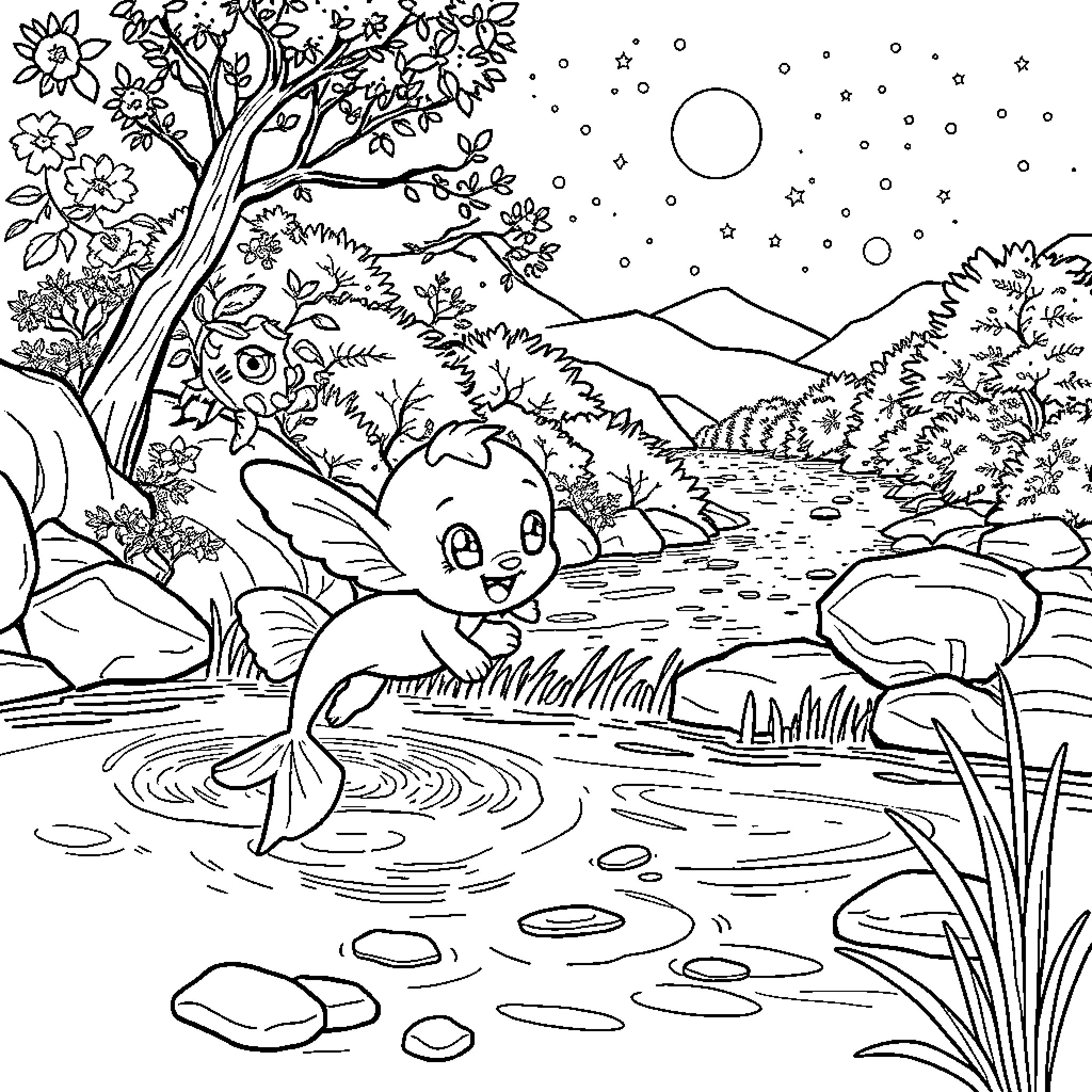 Bluey playing in a nature scene Coloring Page (free black-and-white line drawing printable PDF for all, from beginners to advanced learners, including children, teens, adults, and seniors)