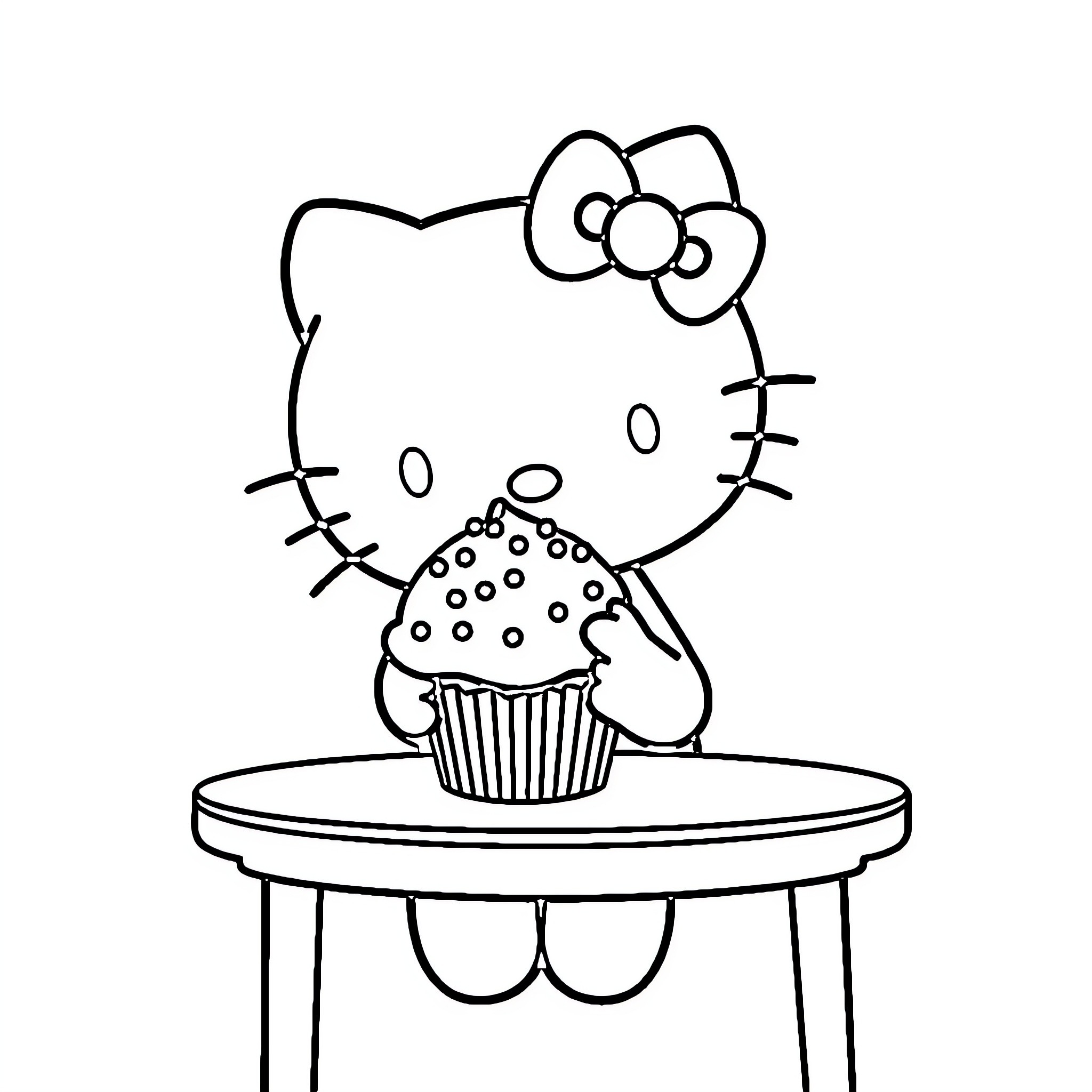 Hello Kitty enjoying a cupcake Coloring Page (free black-and-white line drawing printable PDF for all, from beginners to advanced learners, including children, teens, adults, and seniors)