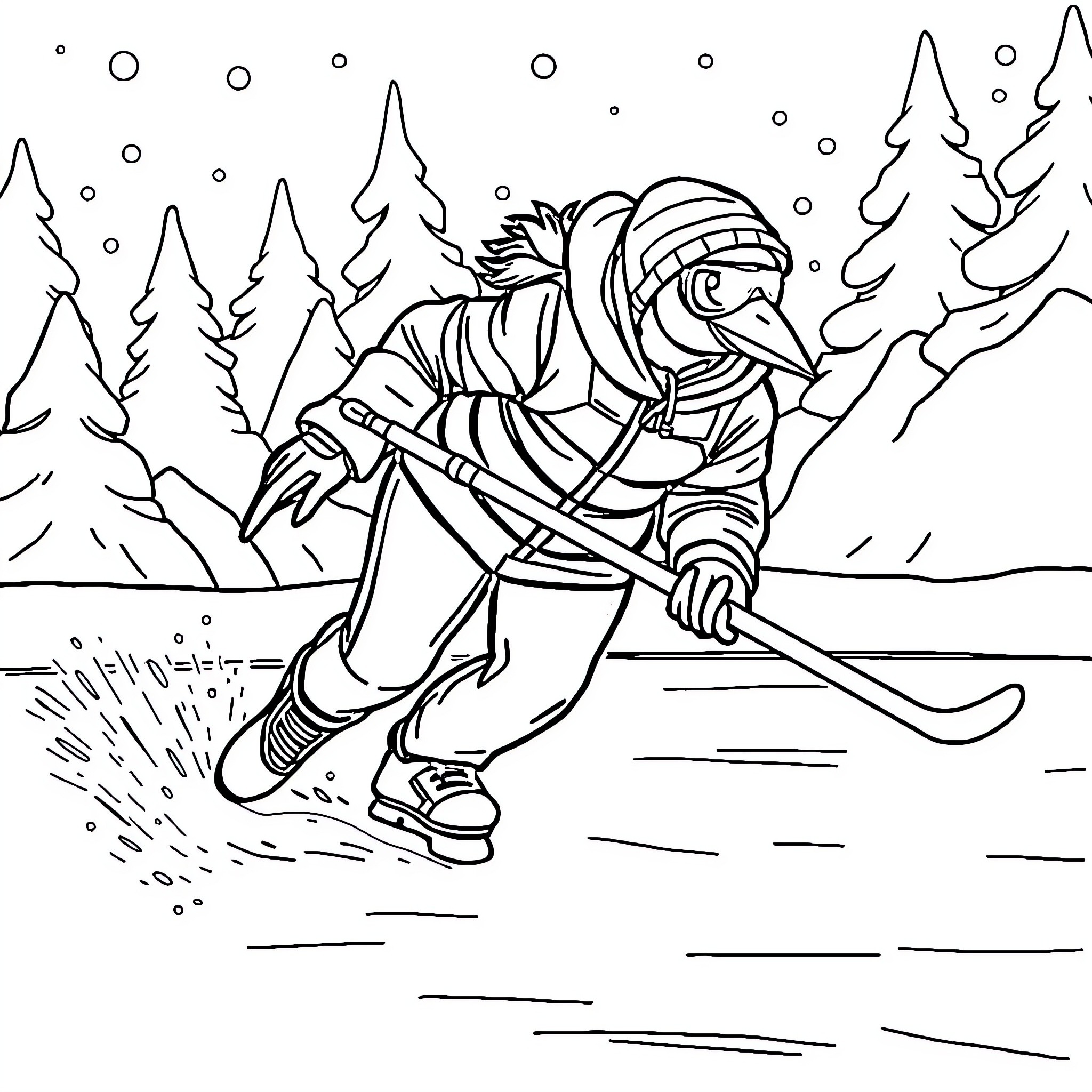Ornithorhynchus skiing through a snowy forest Coloring Page (free black-and-white line drawing printable PDF for all, from beginners to advanced learners, including children, teens, adults, and seniors)