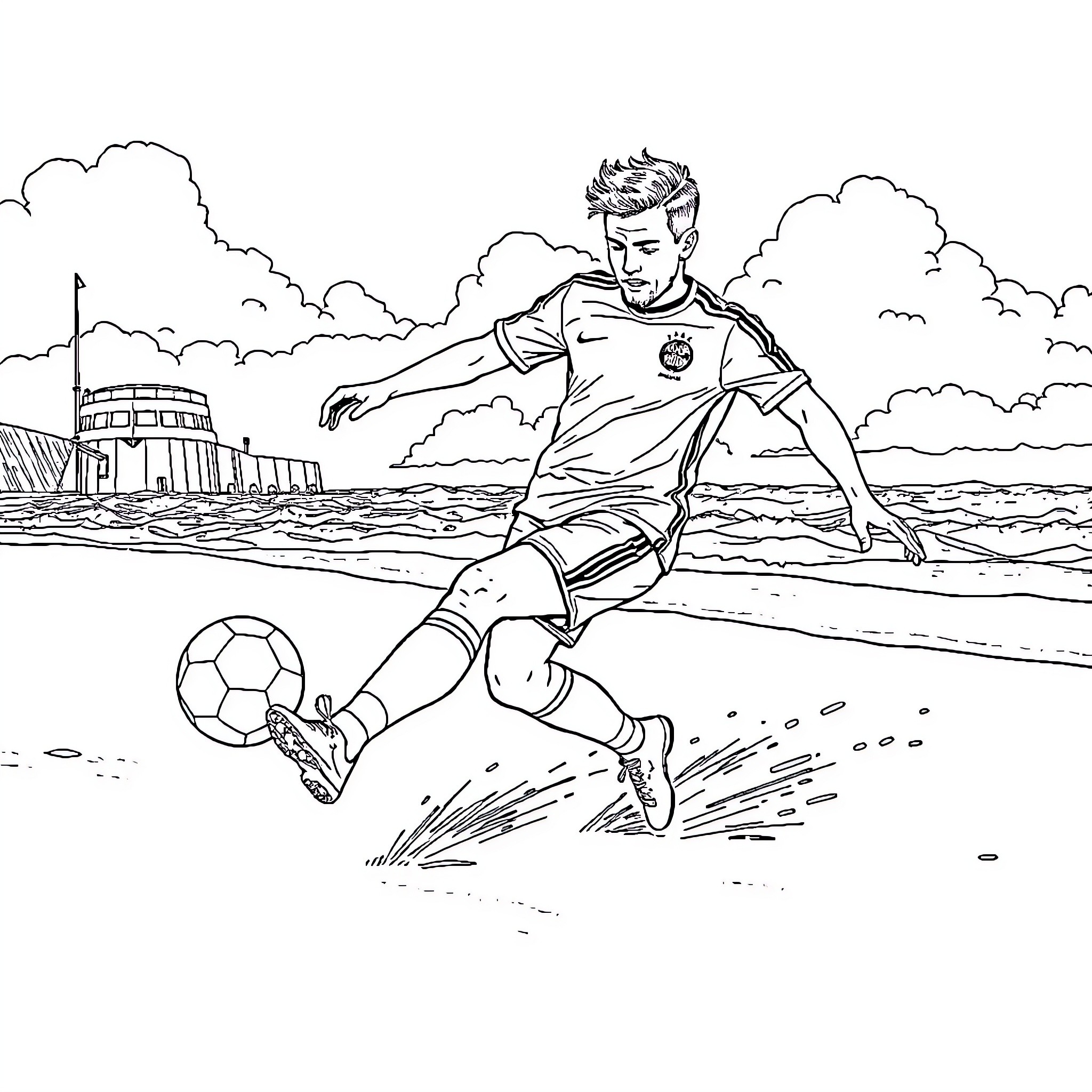 Football Player Kicking Ball on Field Coloring Page (free black-and-white line drawing printable PDF for all, from beginners to advanced learners, including children, teens, adults, and seniors)