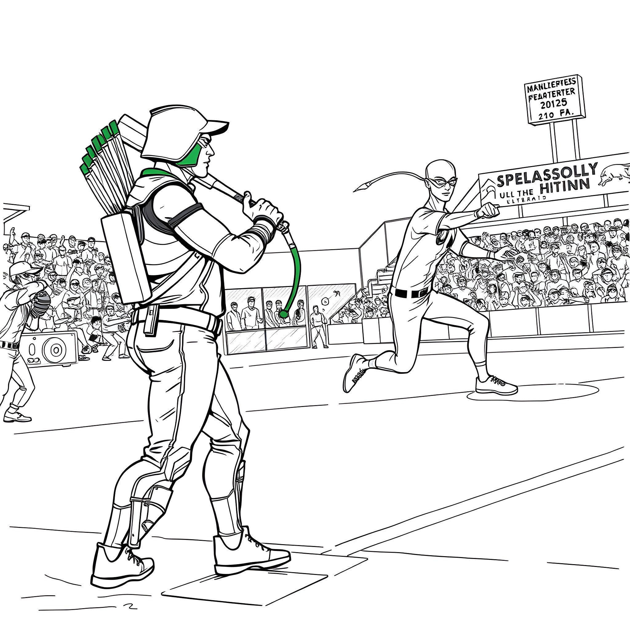Green Arrow Faces Off Against Supervillain in Stadium Battle Coloring Page (free black-and-white line drawing printable PDF for all, from beginners to advanced learners, including children, teens, adults, and seniors)