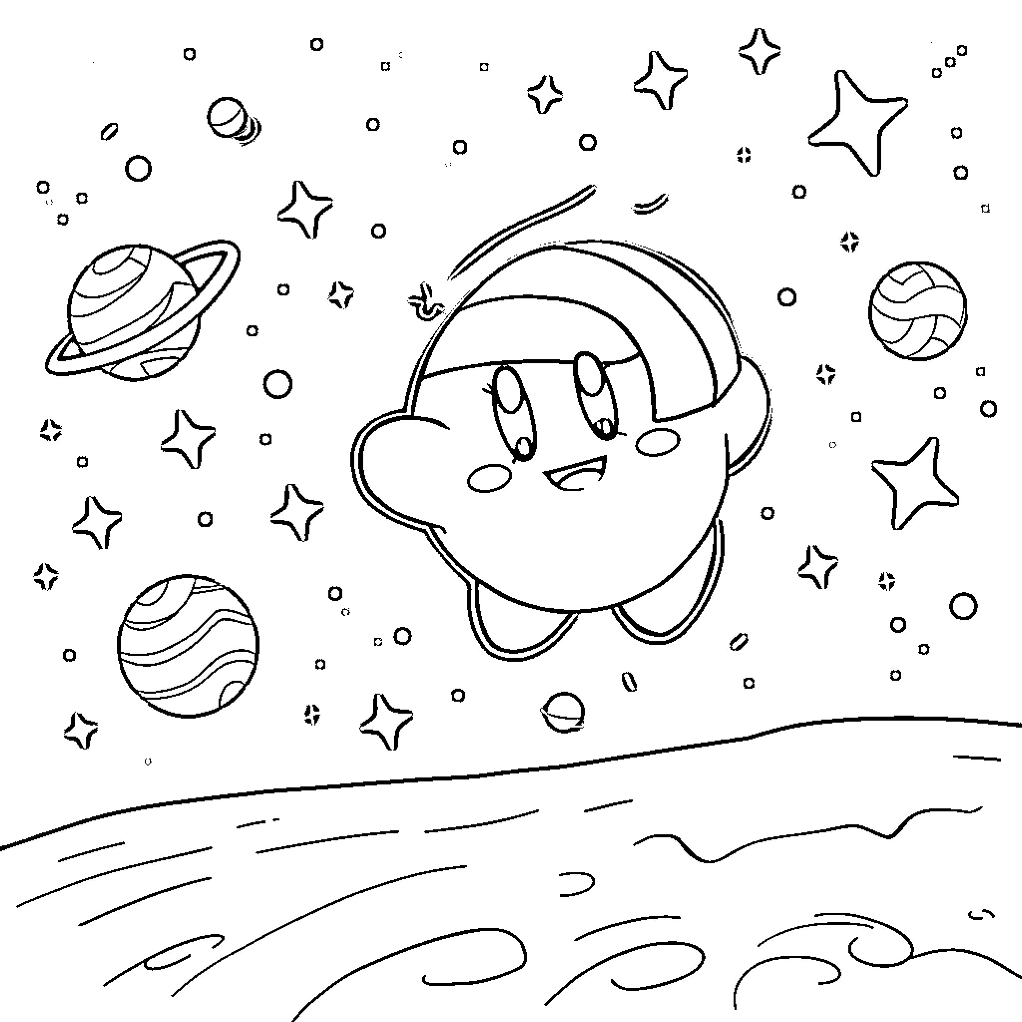 Kirby floating in space with stars Coloring Page (free black-and-white line drawing printable PDF for all, from beginners to advanced learners, including children, teens, adults, and seniors)