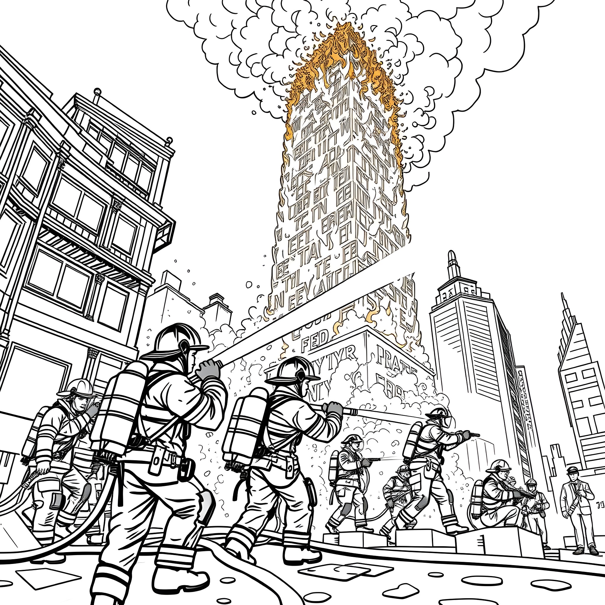 Firefighters Battling Blaze in the City Coloring Page (free black-and-white line drawing printable PDF for all, from beginners to advanced learners, including children, teens, adults, and seniors)