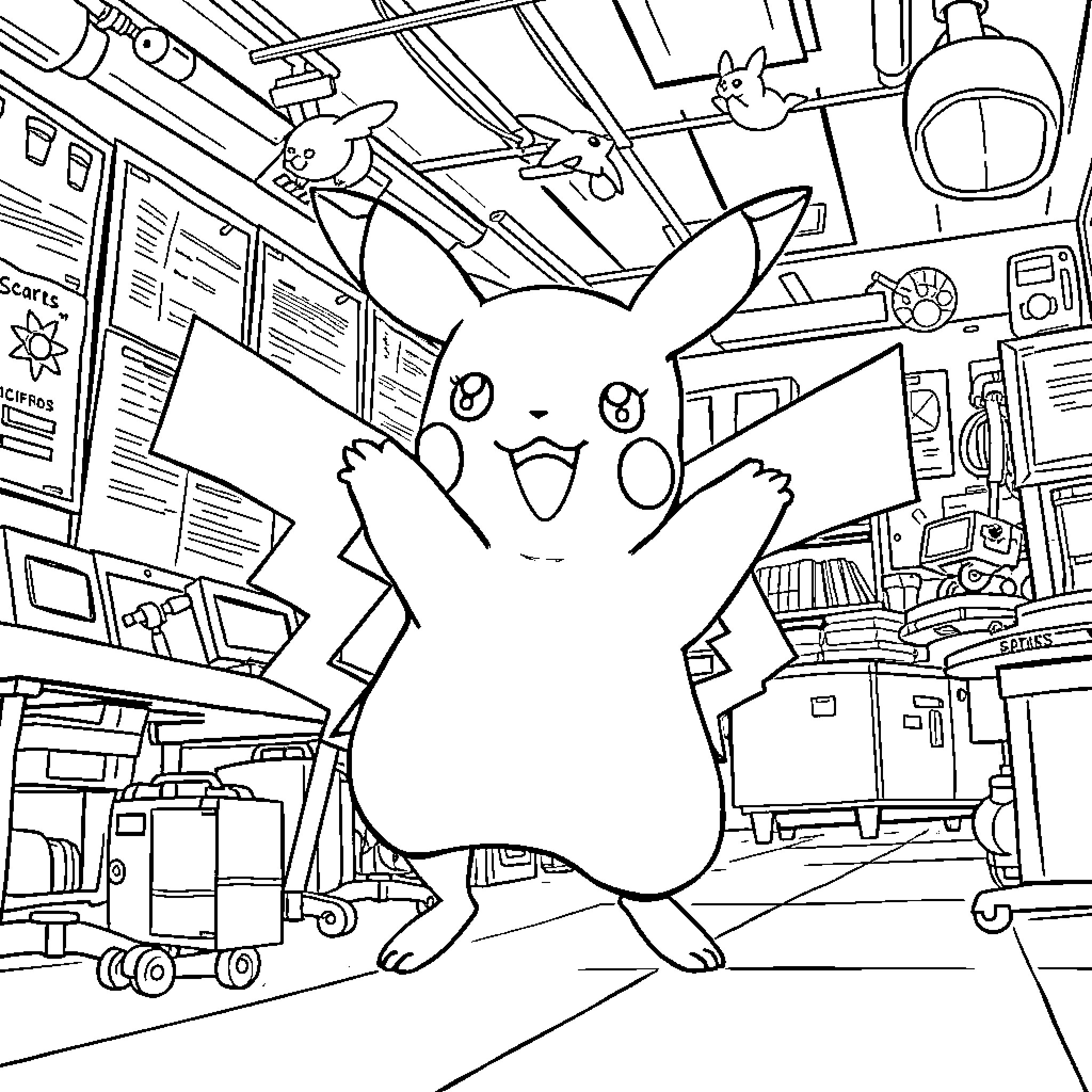 Pikachu exploring a cluttered room full of gadgets Coloring Page (free black-and-white line drawing printable PDF for all, from beginners to advanced learners, including children, teens, adults, and seniors)