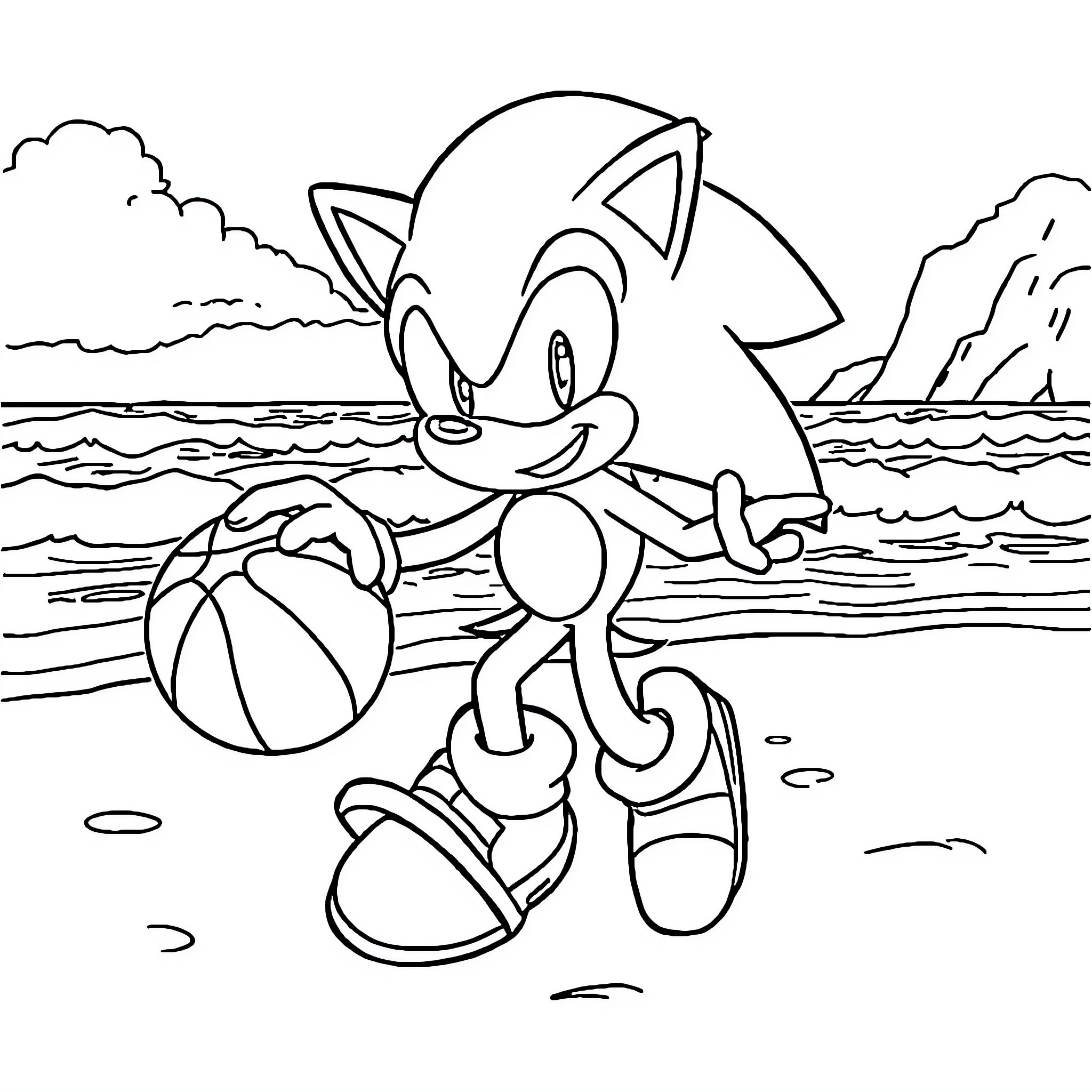 Sonic playing with a beach ball by the ocean Coloring Page (free black-and-white line drawing printable PDF for all, from beginners to advanced learners, including children, teens, adults, and seniors)