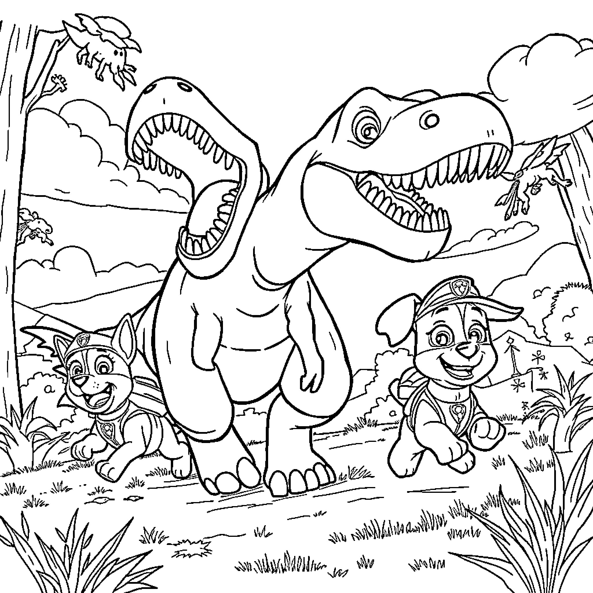 Dinosaur characters in a lush jungle setting Coloring Page (free black-and-white line drawing printable PDF for all, from beginners to advanced learners, including children, teens, adults, and seniors)